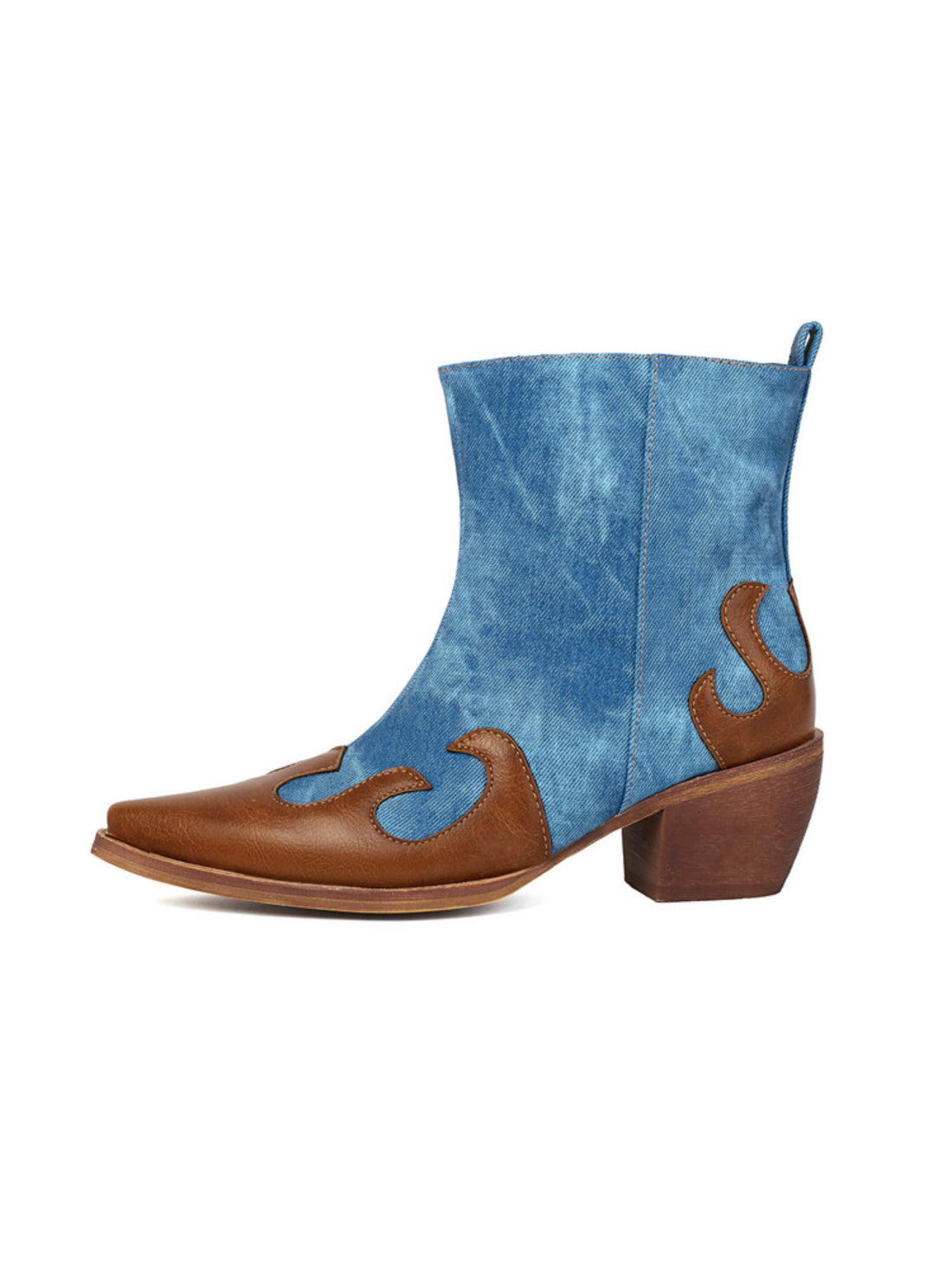 Denim Blue and Brown Patchwork Snip Toe Ankle Cowgirl Boots