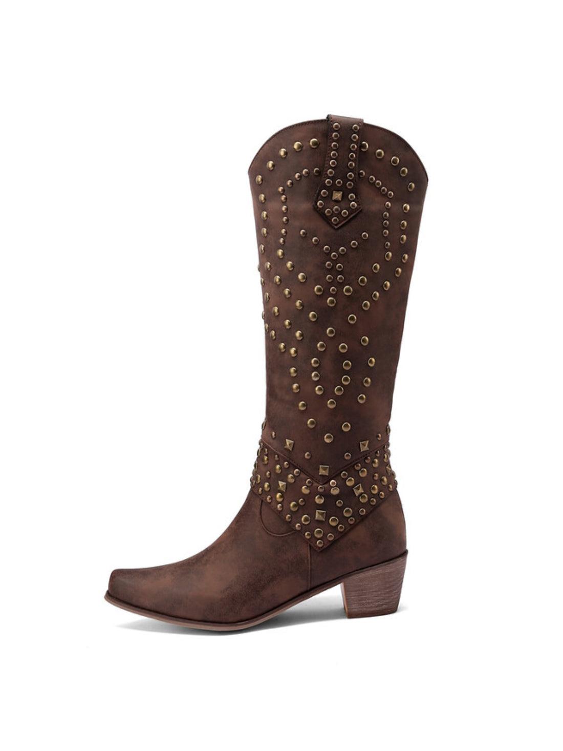 Distressed Brown Studded Knee High Western Boots