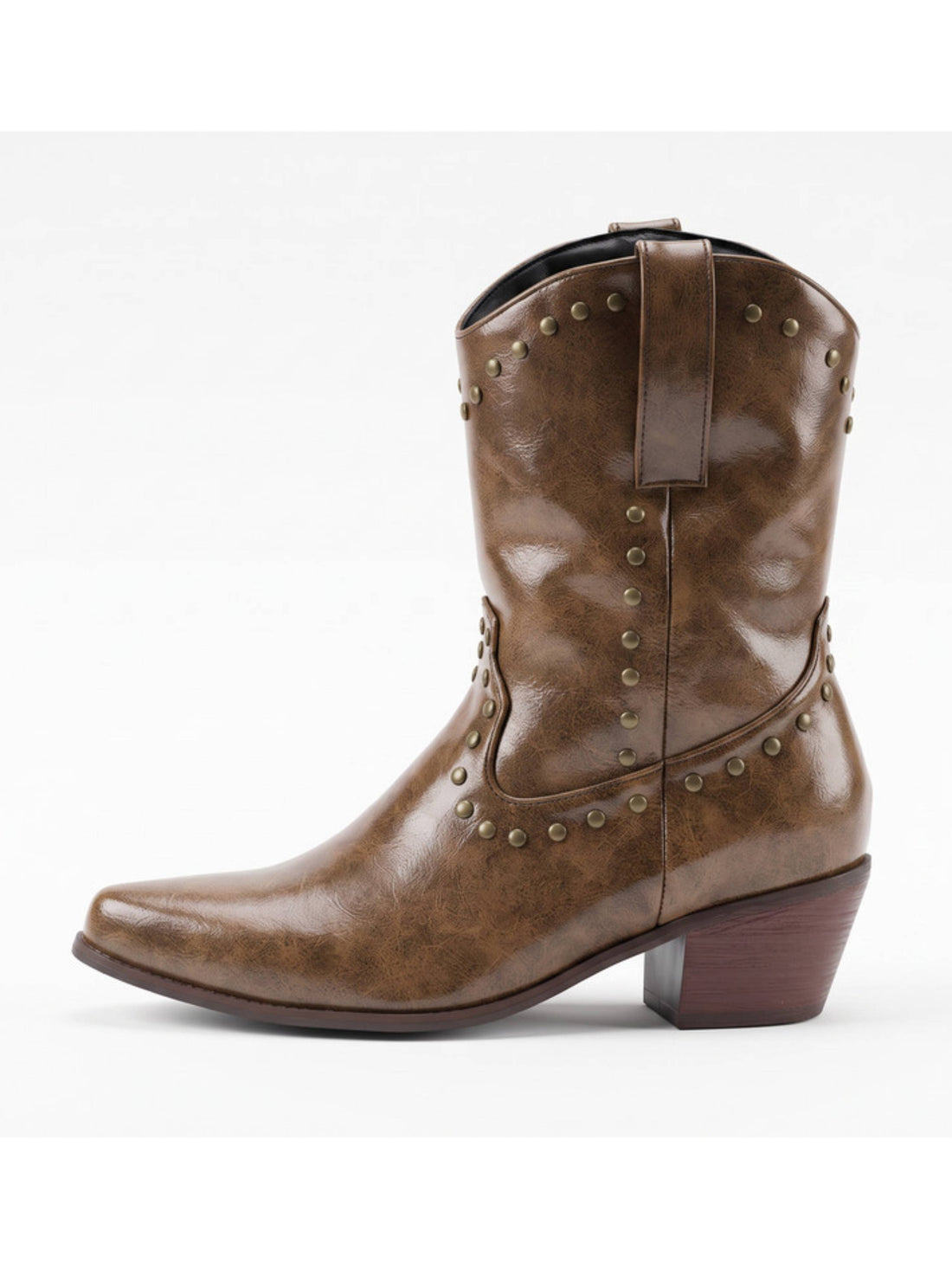Distressed Olive Brown Ankle Cowboy Boots with Studs