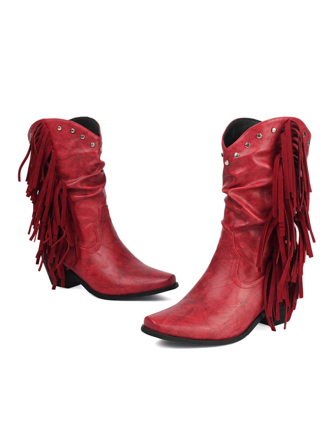 Distressed Rustic Red Layered Fringe Mid Calf Cowgirl Boots