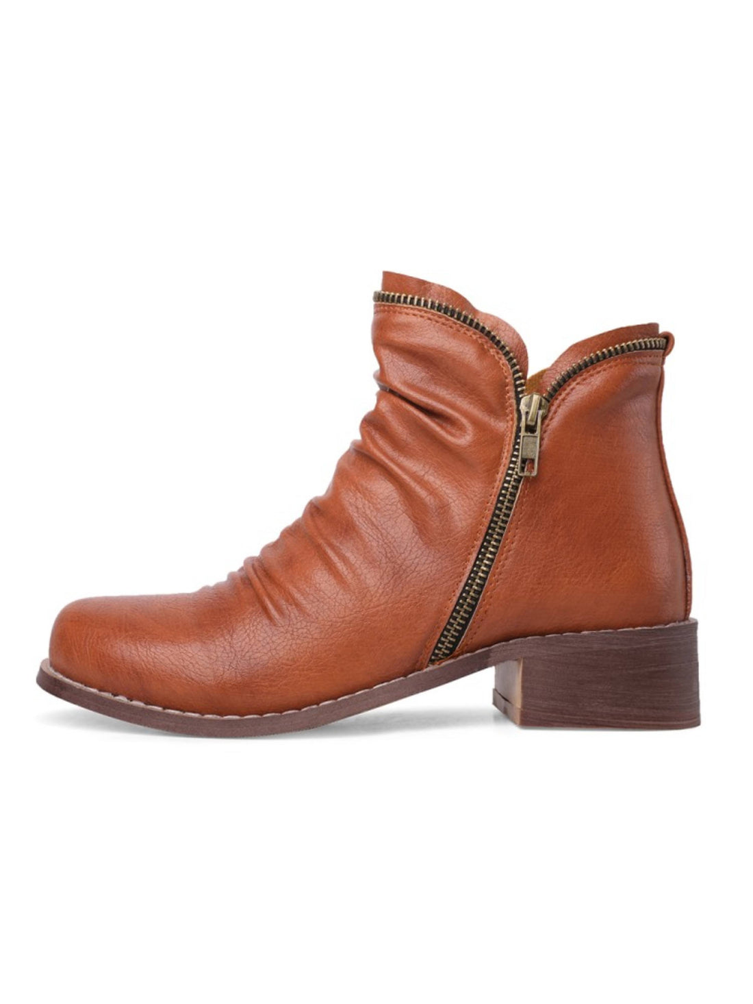 Double Zipper Low Heel Wrinkled Musturd Brown Short Booties Plus Size