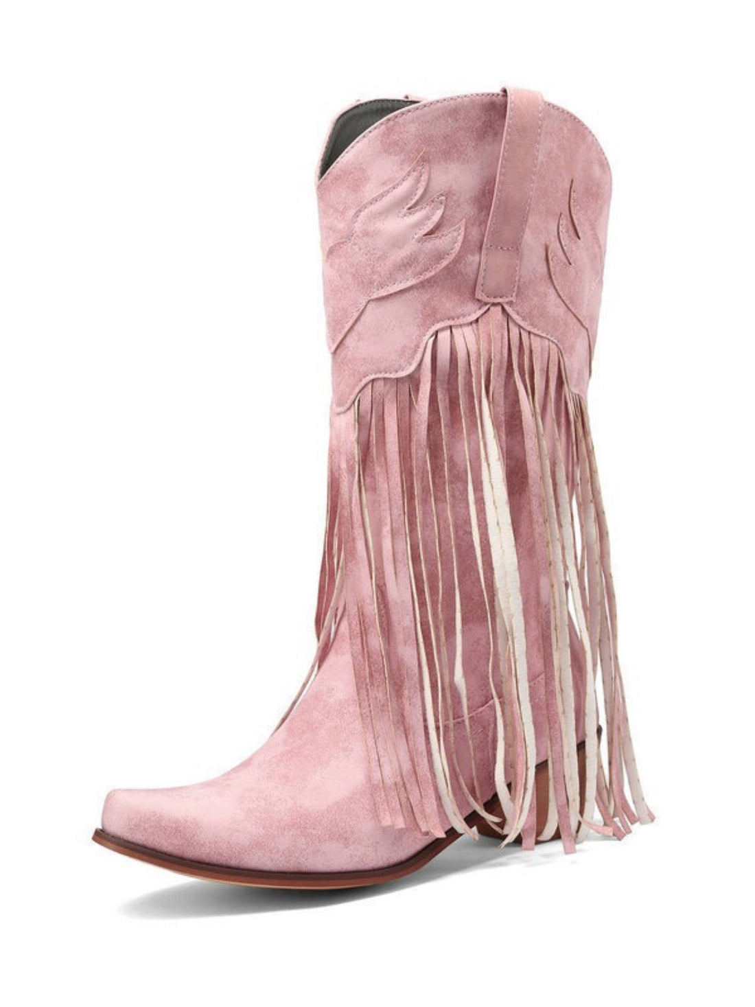 Dusty Pink Mid-Calf Distressed Fringe Cowgirl Boots