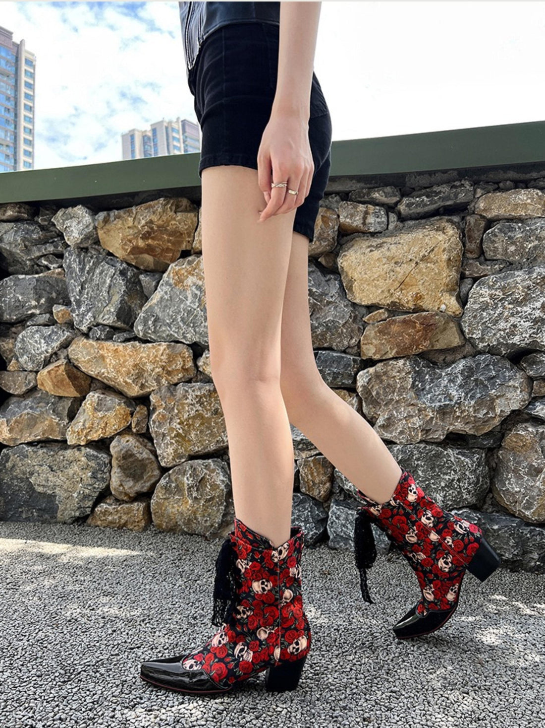 Edgy Skull Lace Up Red Rose Snip Toe Cowgirl Boots