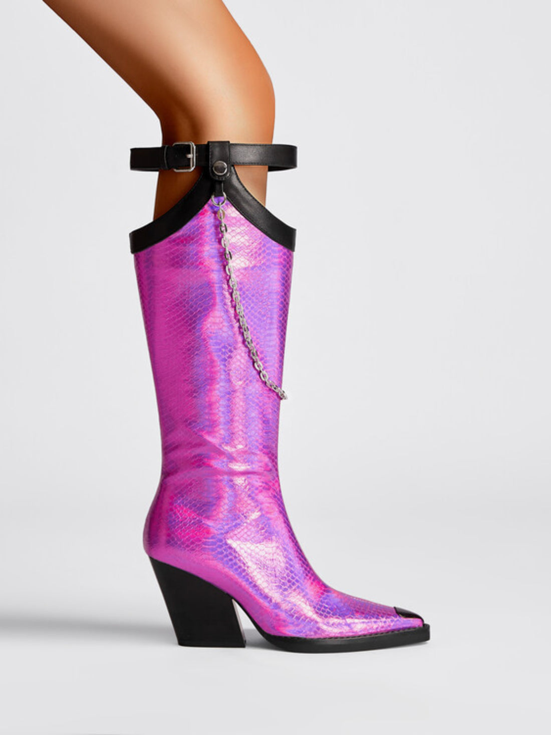 Electric Purple Buckled Belt Chain Pointed Tall Cowgirl Boots