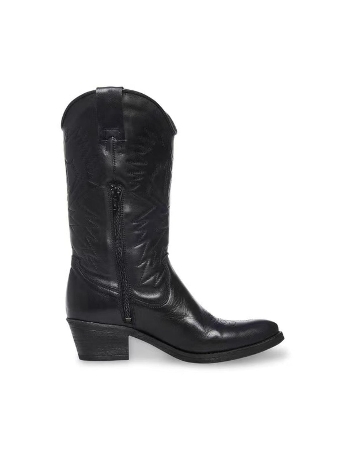 Elegant Black Embroideried Mid Calf Low Heel Women's Cowboy Boots
