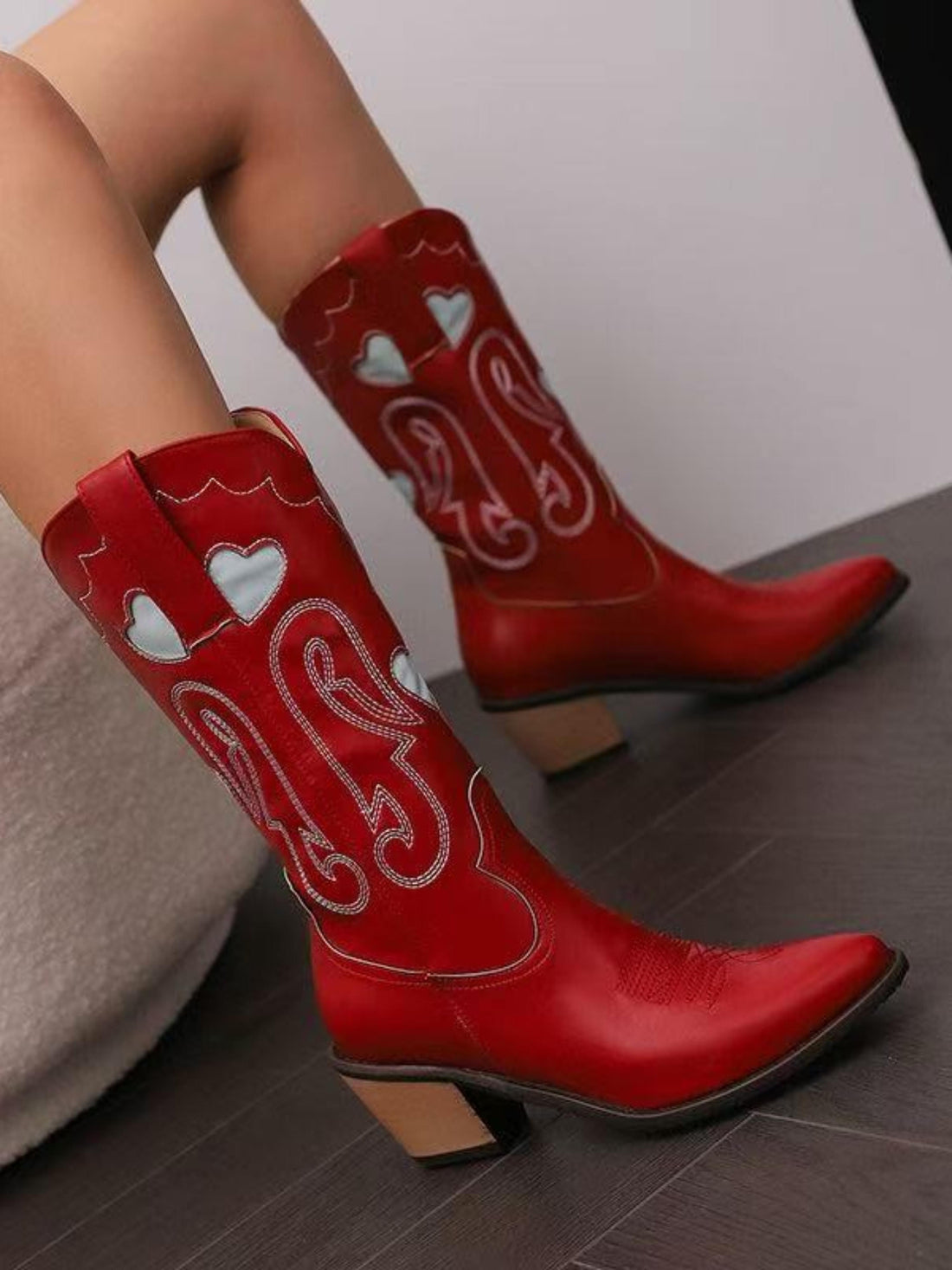 Elegant Heart Inlay Embroidered Red Cowgirl Boots