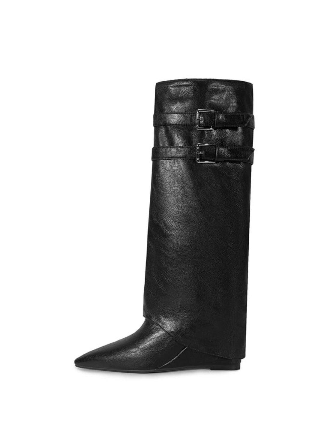 Elegant Knee High Wedge Black Fold Over Boots Western Vibe
