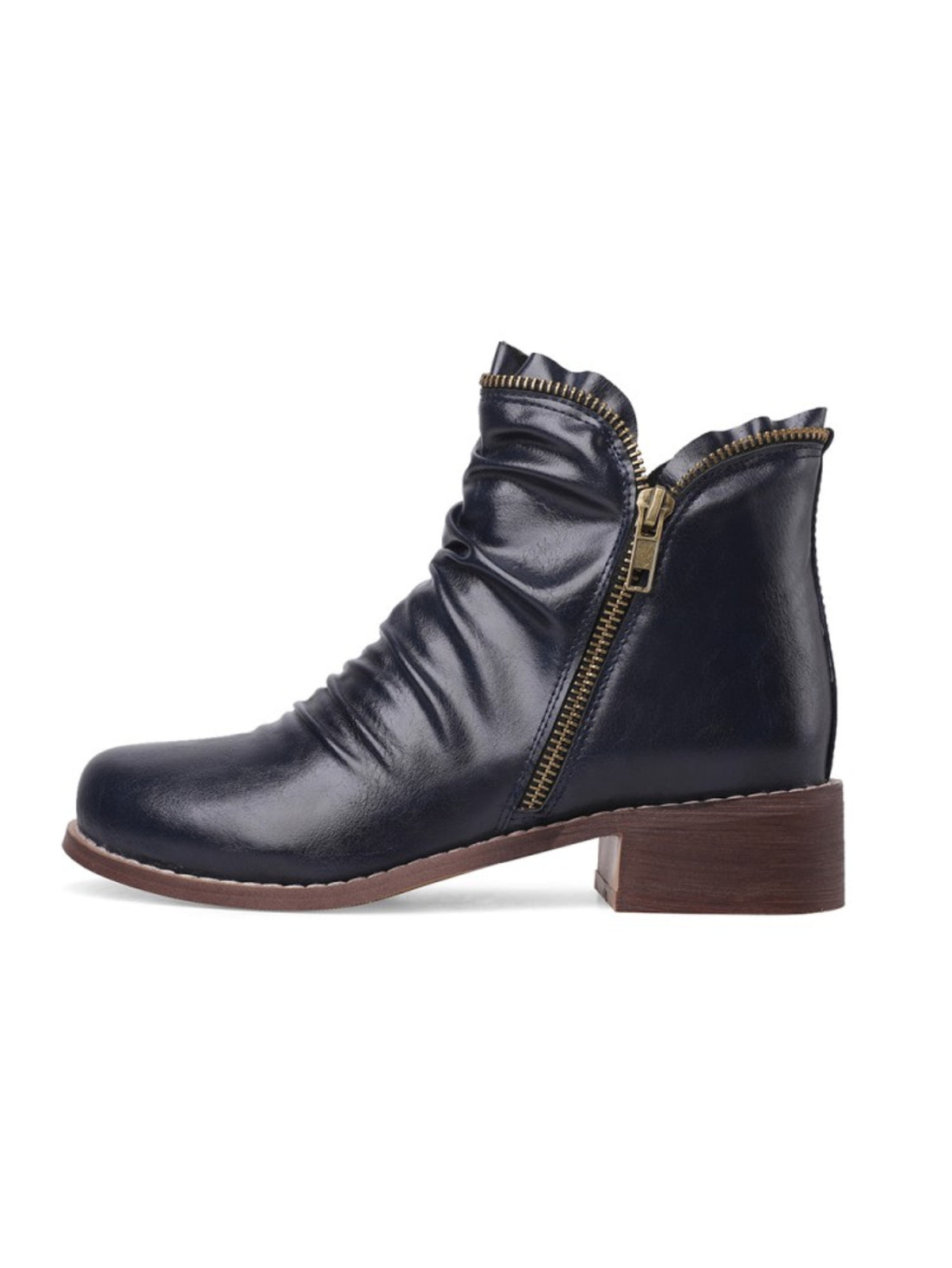 Elegant Navy Blue Double Zipper Wrinkled Flat Short Booties