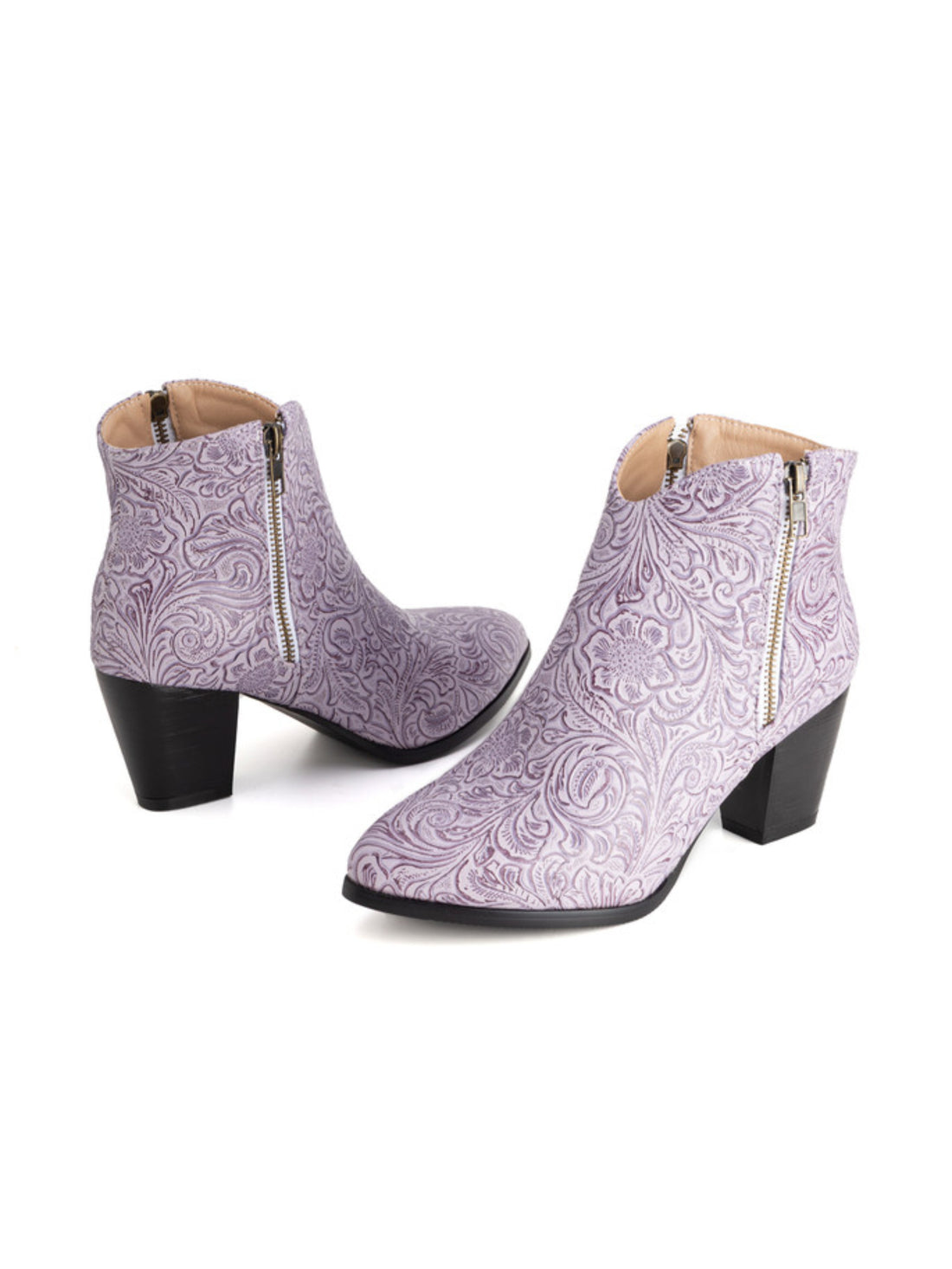 Elegant Purple Double Zipper Floral Ankle Cowgirl Boots Plus Size