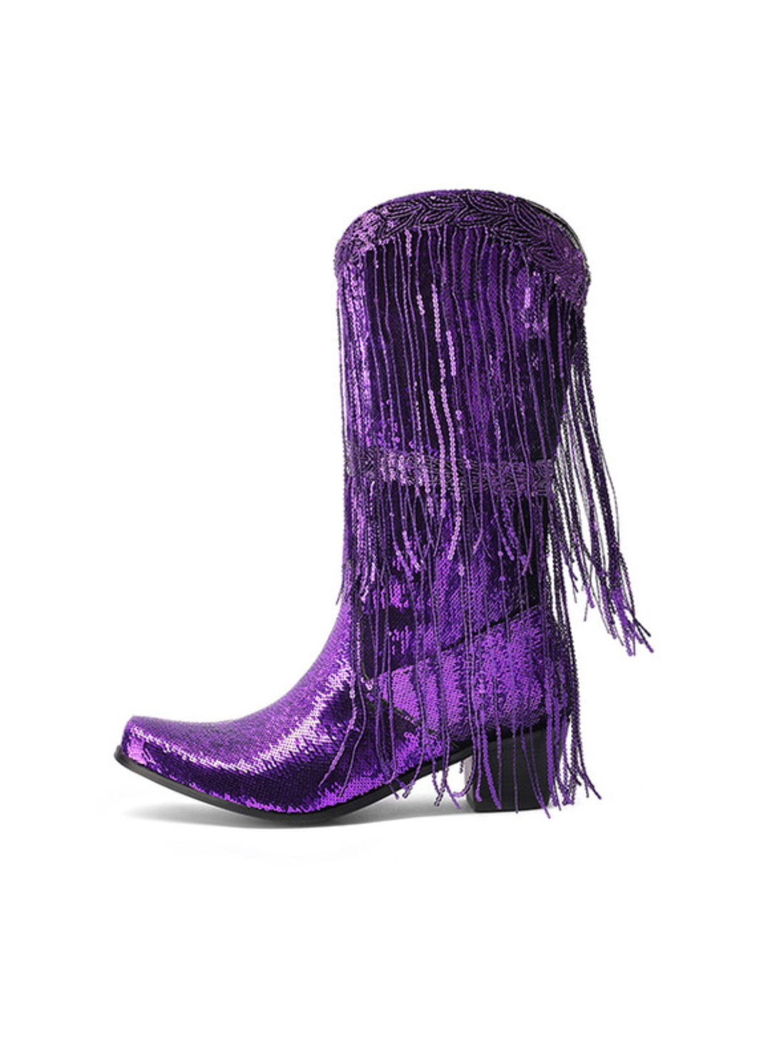 Elegant Purple Shining Wave Fringe Snip Toe Cowgirl Boots Mid Calf