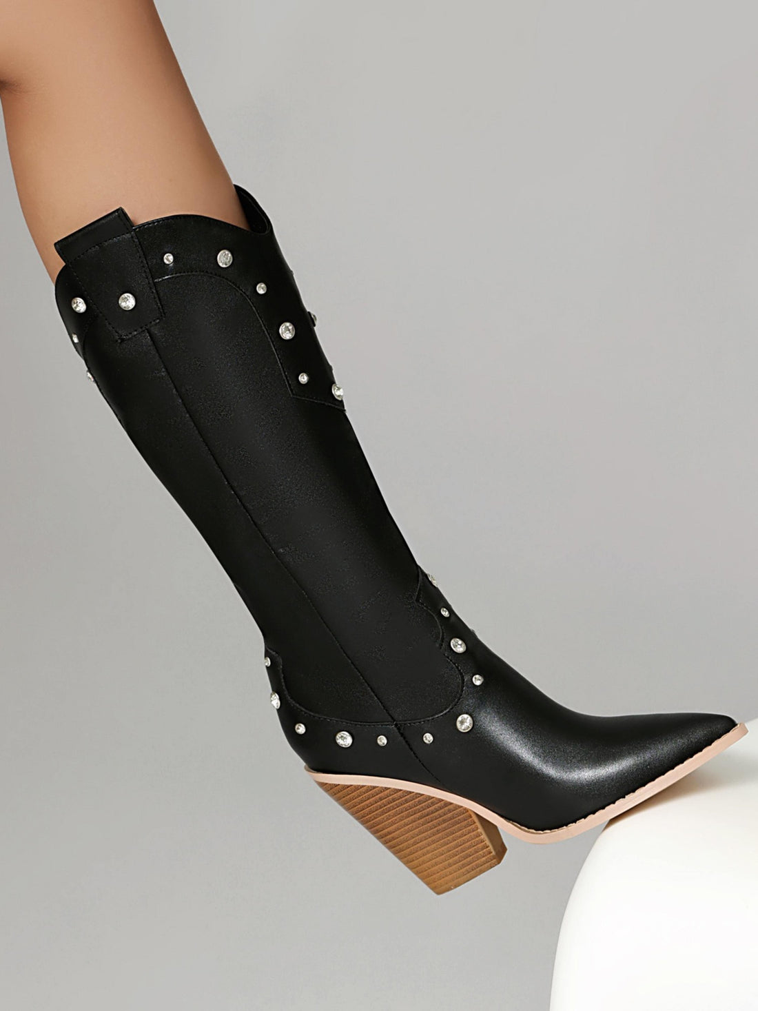 Elegant Studded Black High Heel Cowgirl Boots for Women