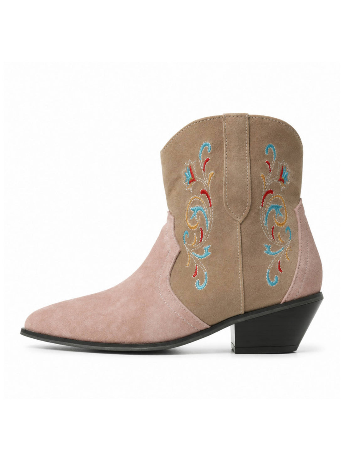 Embroidered Blush Pink and Taupe Western Ankle Boots