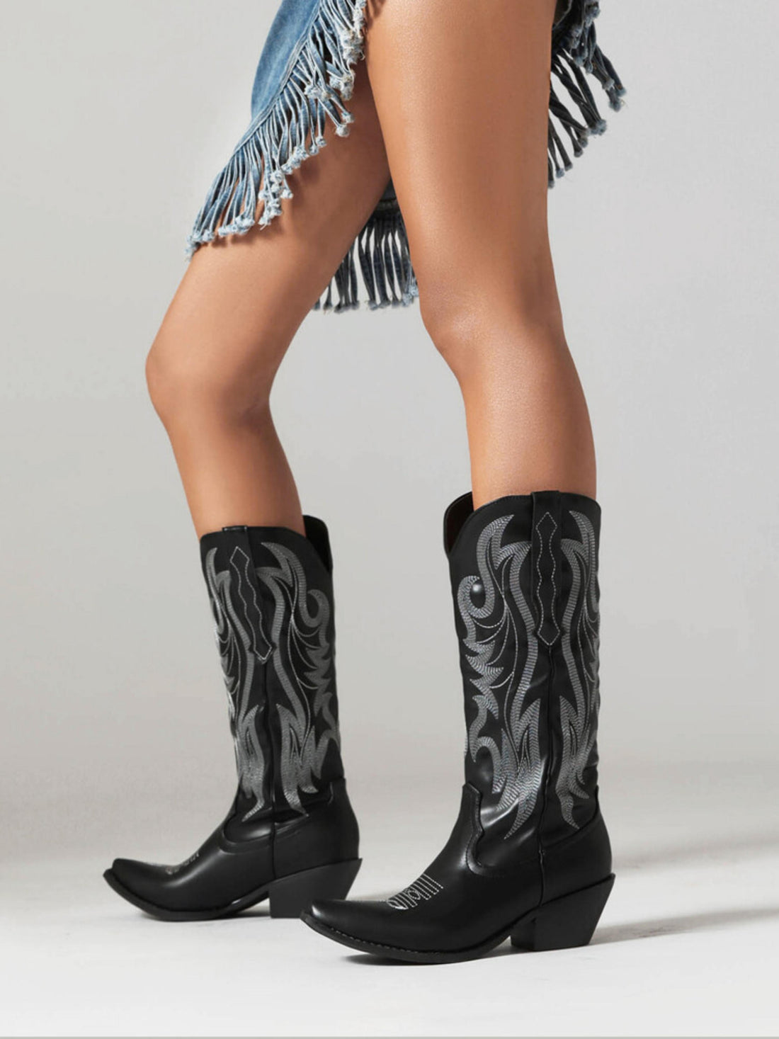 Embroidered Vine Black Snip Toe Cowgirl Boots for Women