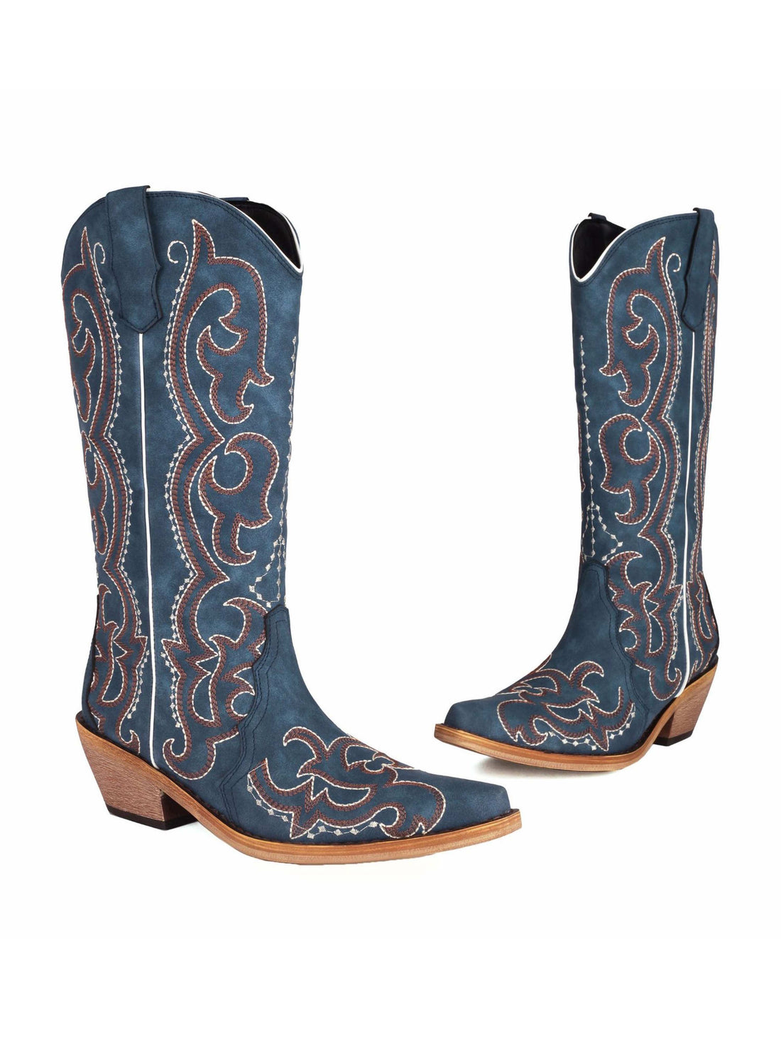 Embroidered Wave Navy Blue Denim Cowgirl Boots Mid Calf