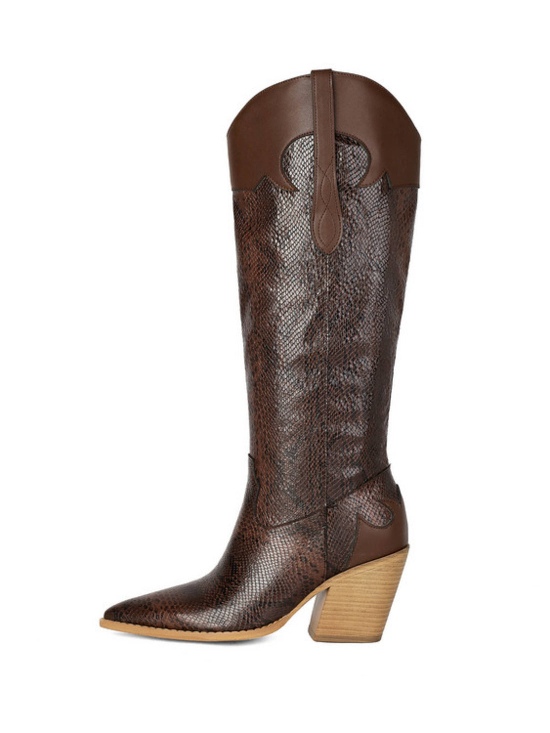 Espresso Brown Python-Embossed Western Knee High Boots