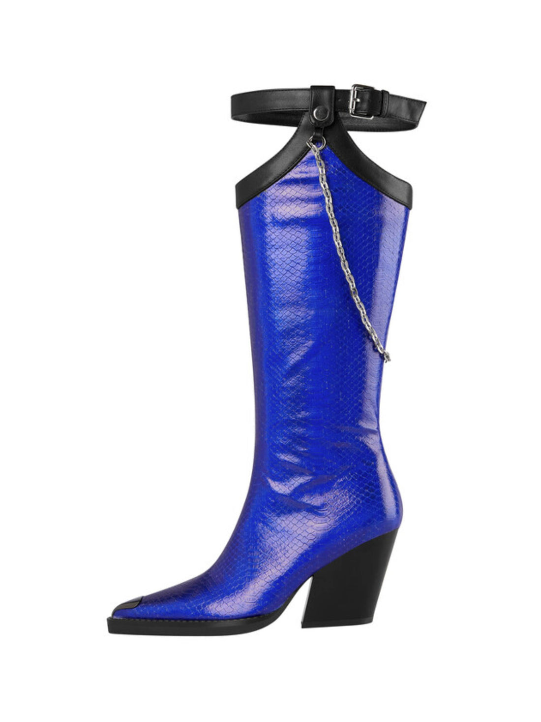Eye-Catching Buckled Belt Chain Long Royal Blue Cowgirl Boots