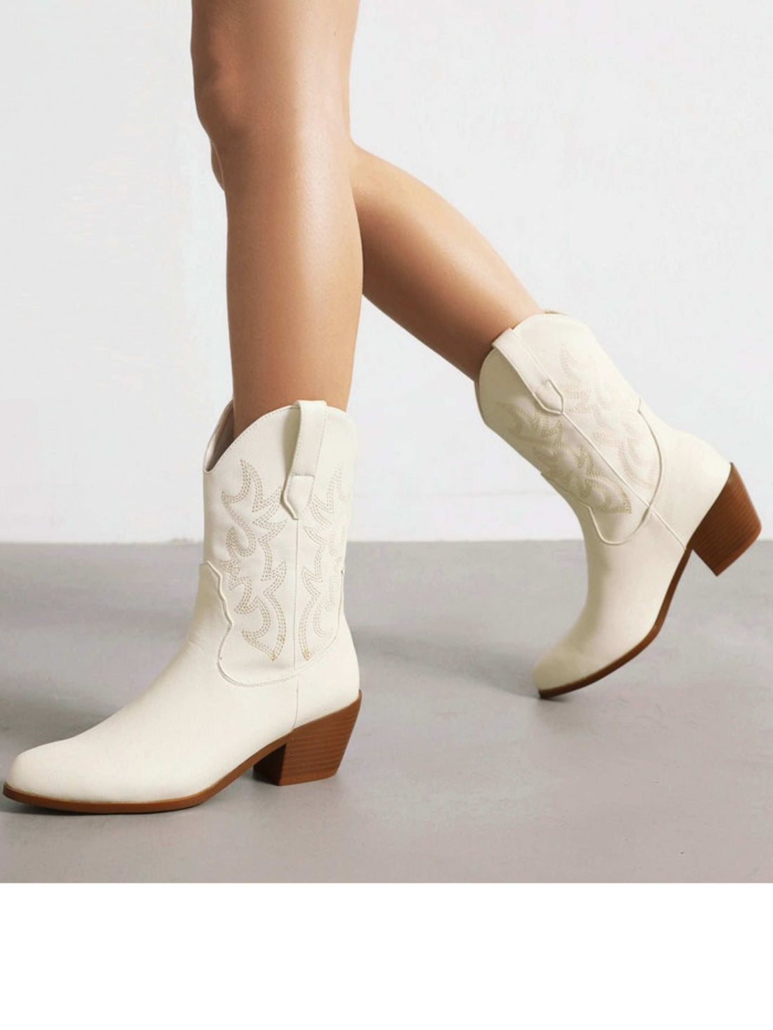 Fancy Beige Short Cowgirl Boots for Wide Calf