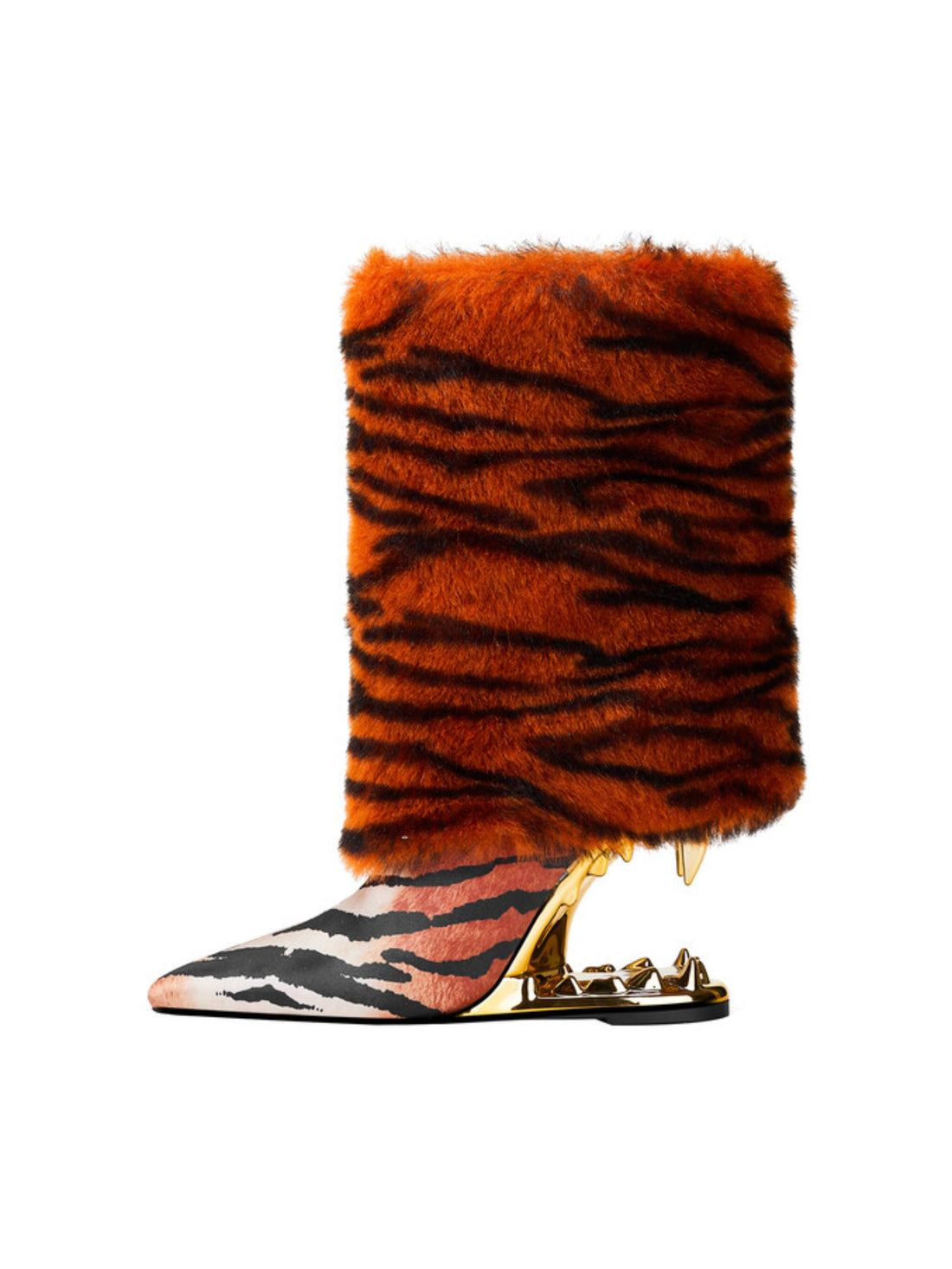 Fashion Furry Brown Tiger Pattern Wedge Teeth High Heel Mid Calf Boots