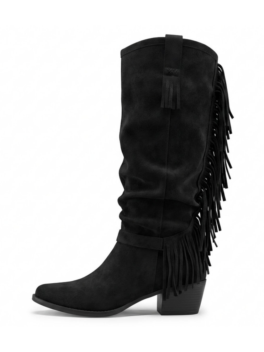Fashion Black Slouchy Knee High Fringe Cowgirl Boots