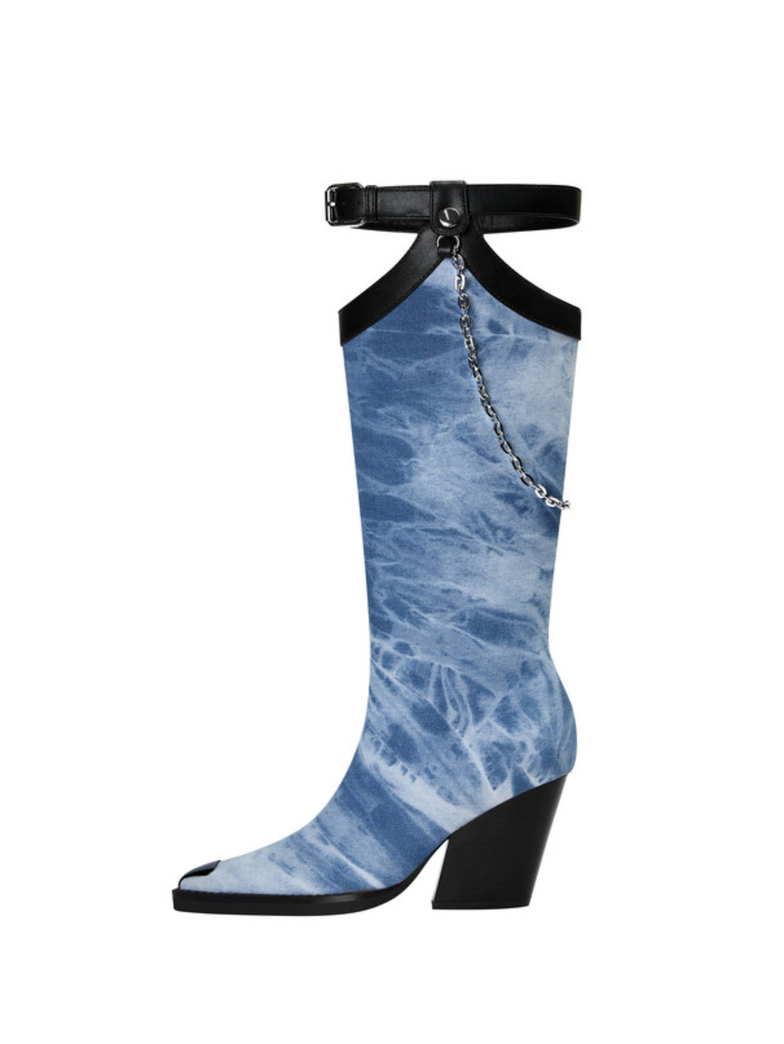 Fashion Denim Blue Buckled Belt Chain Knee High Cowgirl Boots