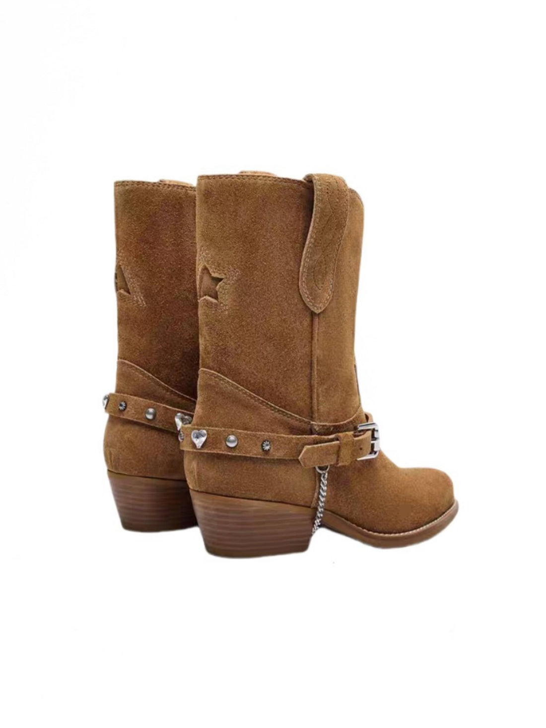 Fashion-Forward Buckled Ankle Strap Brown Cowgirl Boots with Chain