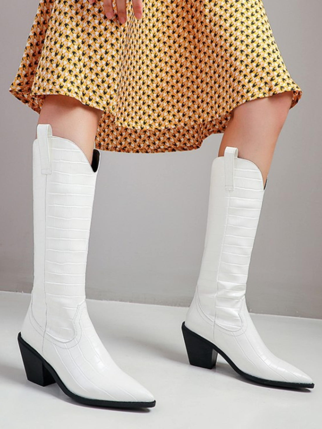 Fashion Lizard Pattern High Heel White Cowboy Boots