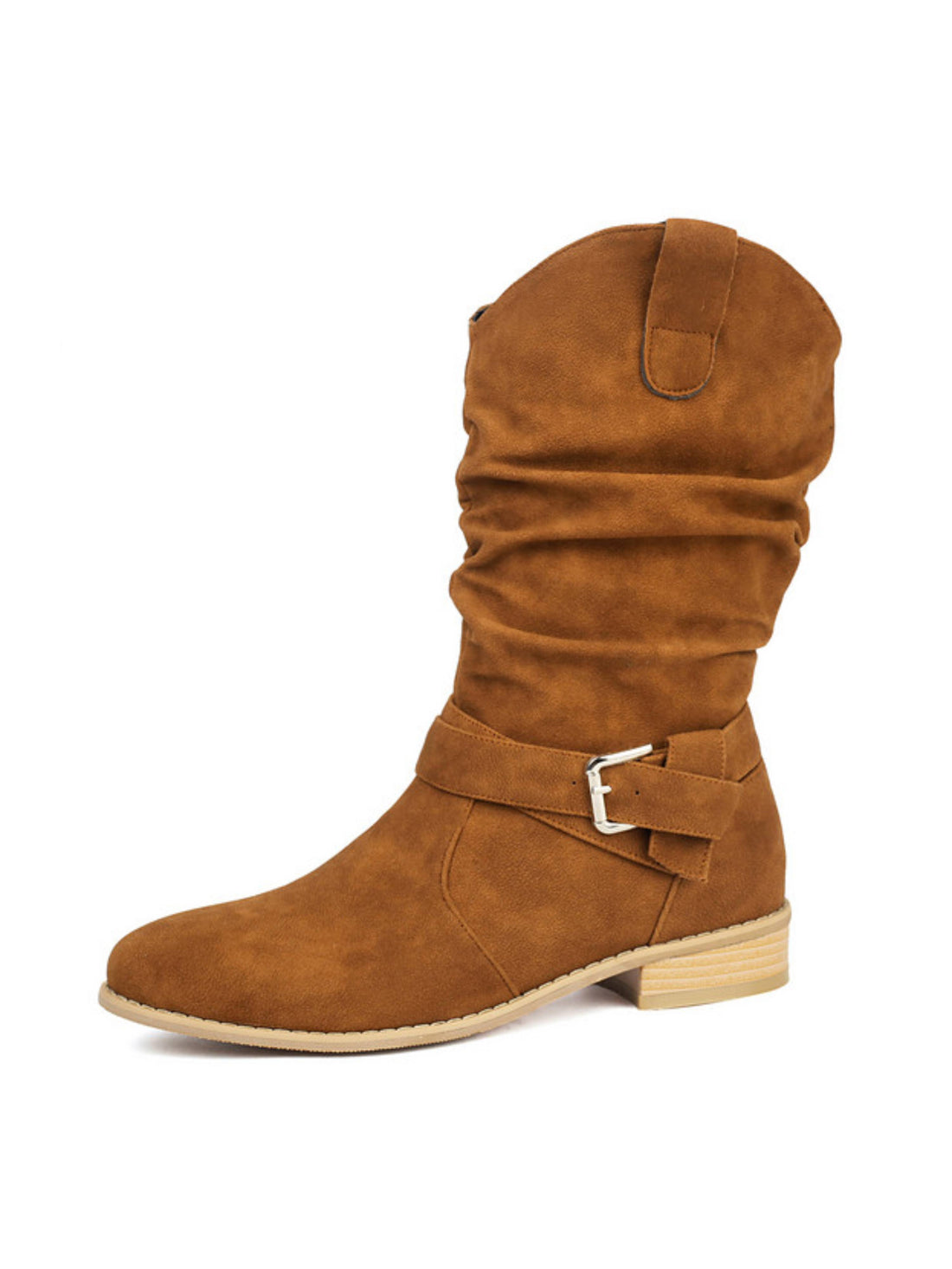 Faux Suede Ankle Buckle Flat Slouchy Brown Cowboy Boots