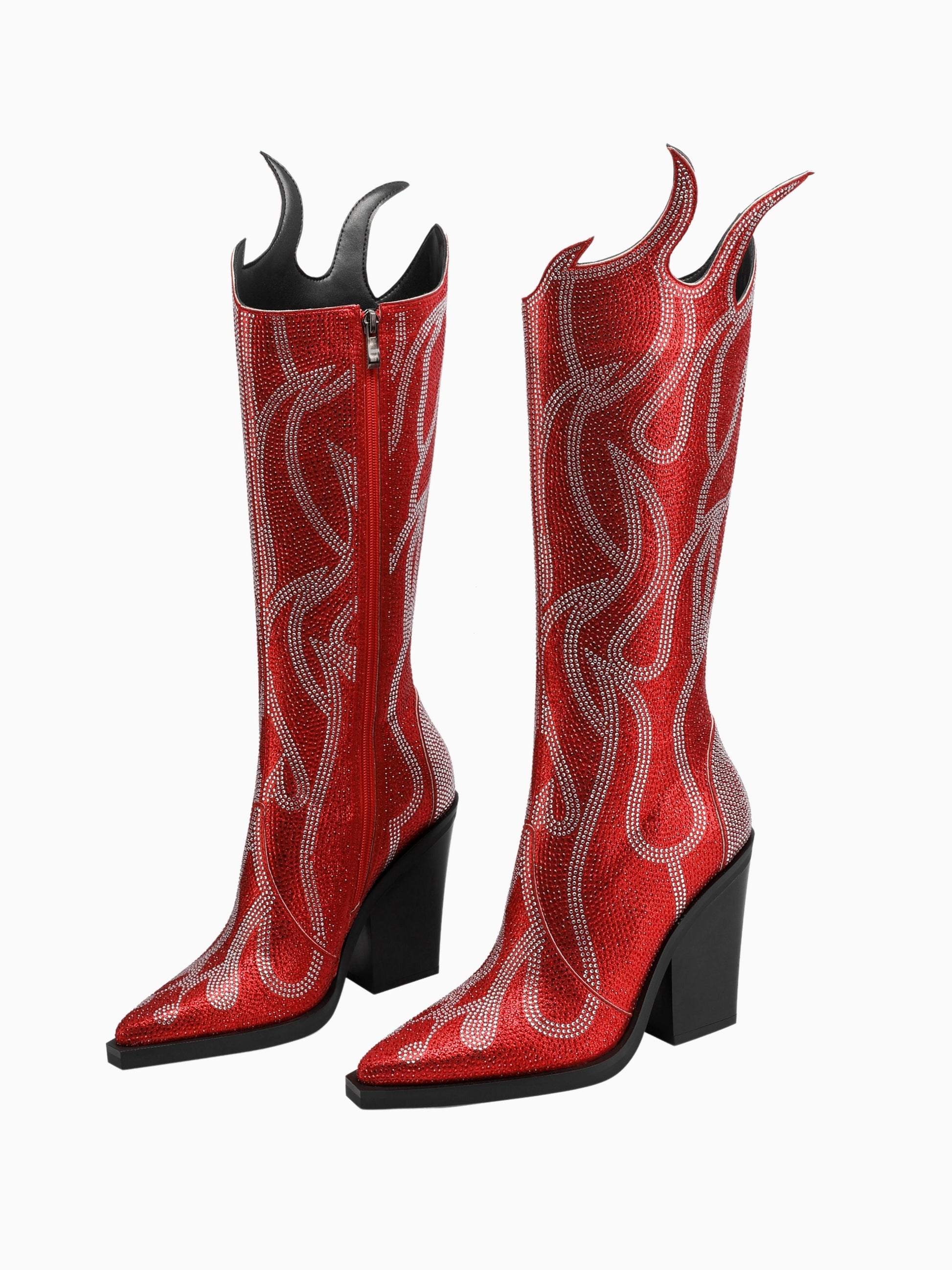 Flame Crystal Rhinestone Knee High Heeled Red Cowgirl Boots – Wild