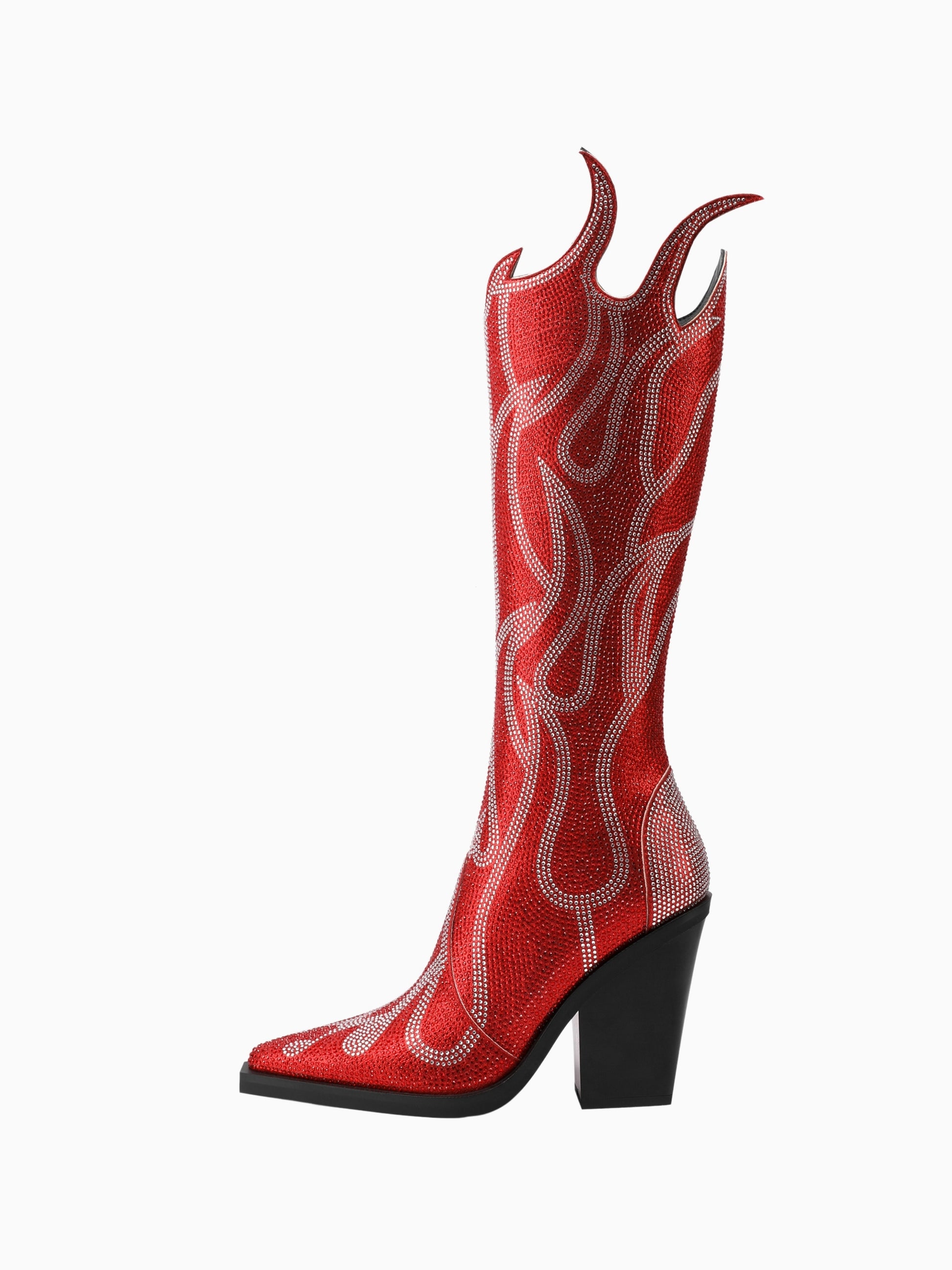 Flame Crystal Rhinestone Knee High Heeled Red Cowgirl Boots – Wild