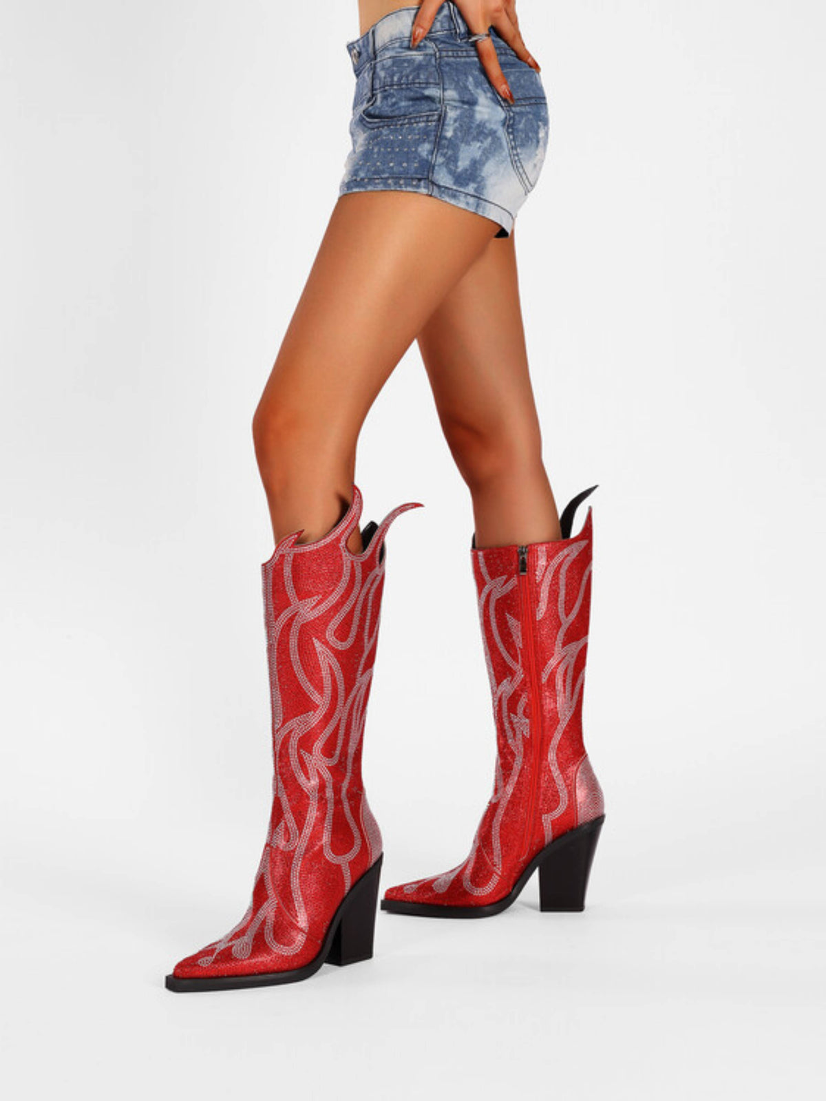 Flame Crystal Rhinestone Knee High Heeled Red Cowgirl Boots – Wild Jolie