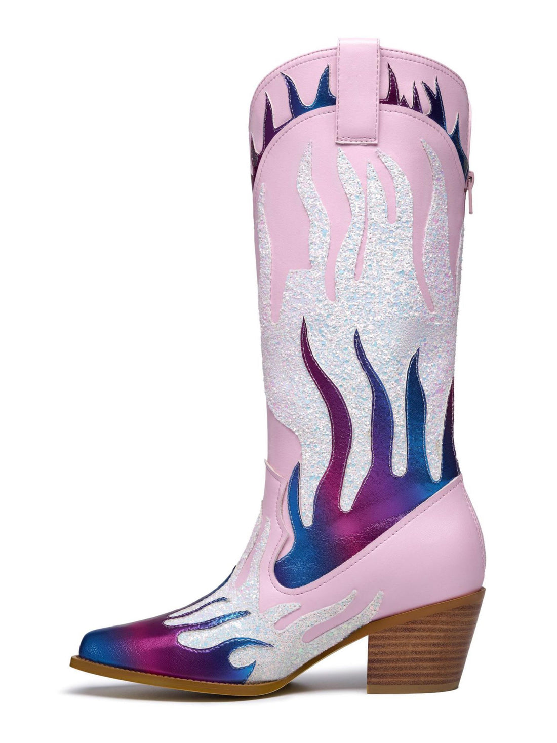 Flame Knee-High Heeled Pink Pointed Toe Cowgirl Boots with Zip