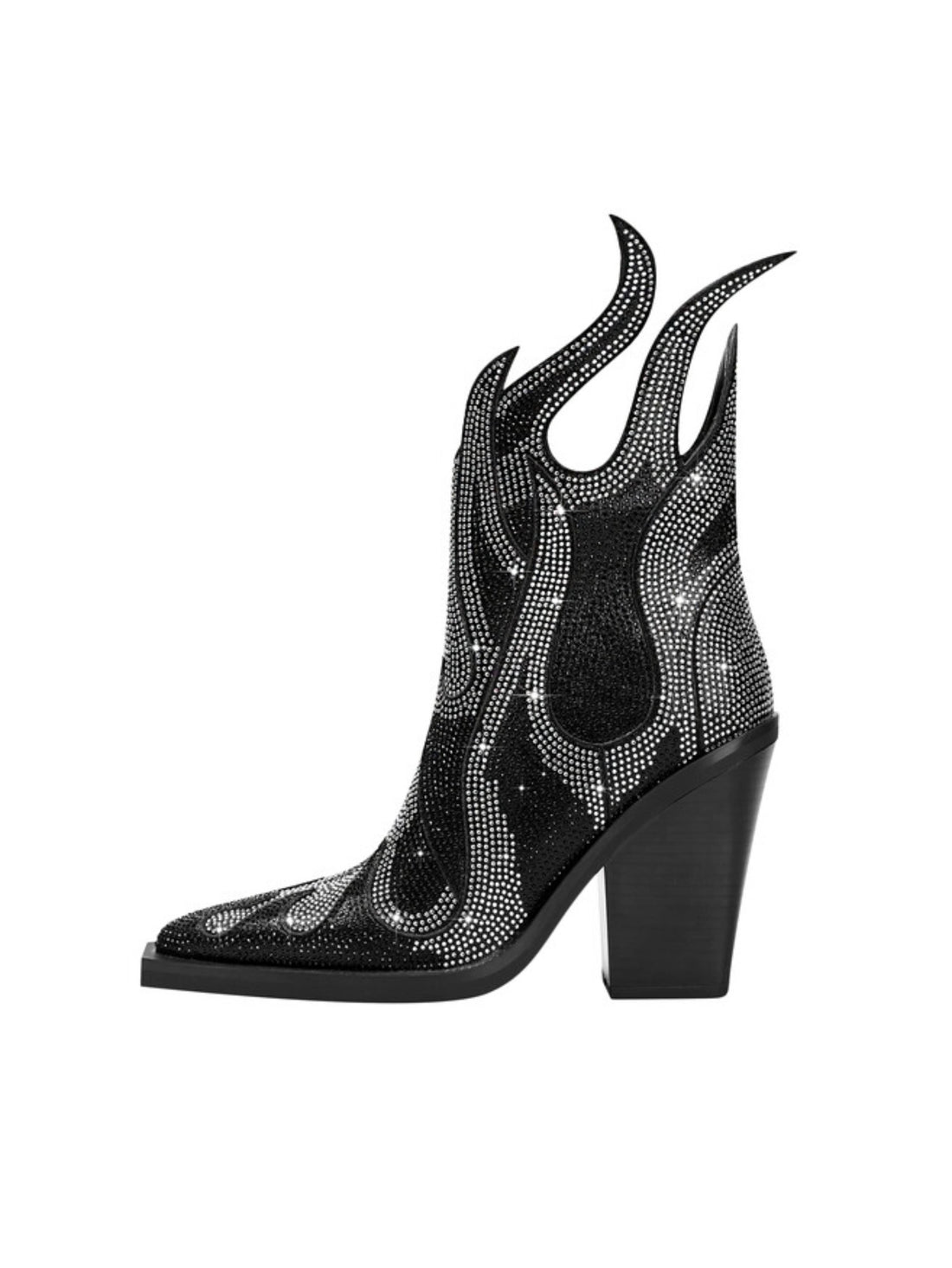Flame Edge High Heel Pointed Toe Black Rhinestone Cowgirl Boots