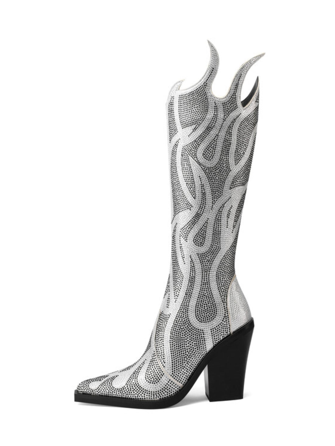 Flame Shape Rhinestone Silver Knee High Cowgirl Boots