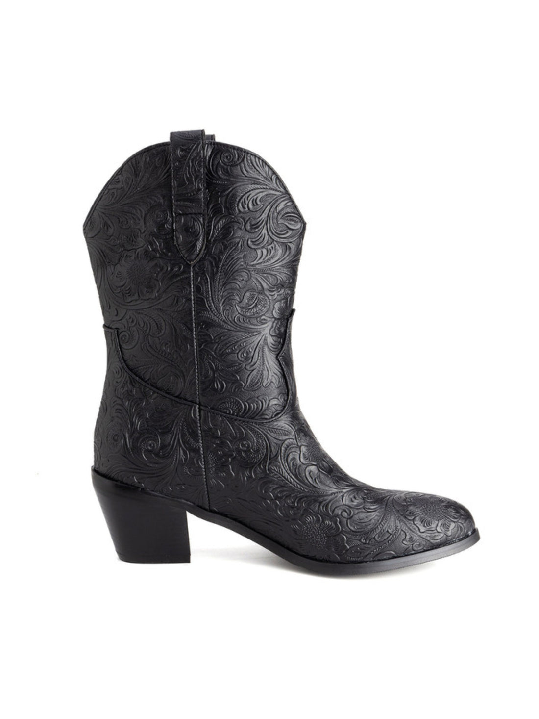 Vintage Floral Embossed Mid Block Heel Women's Black Western Boots