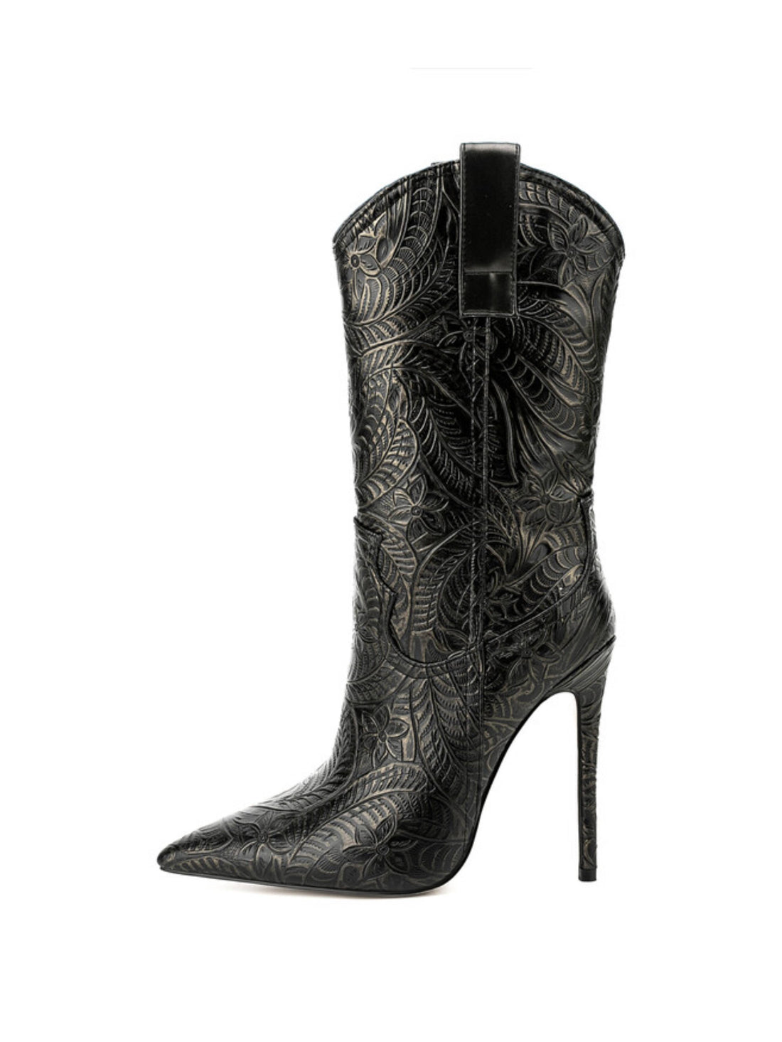 Floral Embossed Stiletto High Heel Cowgirl Booties Black