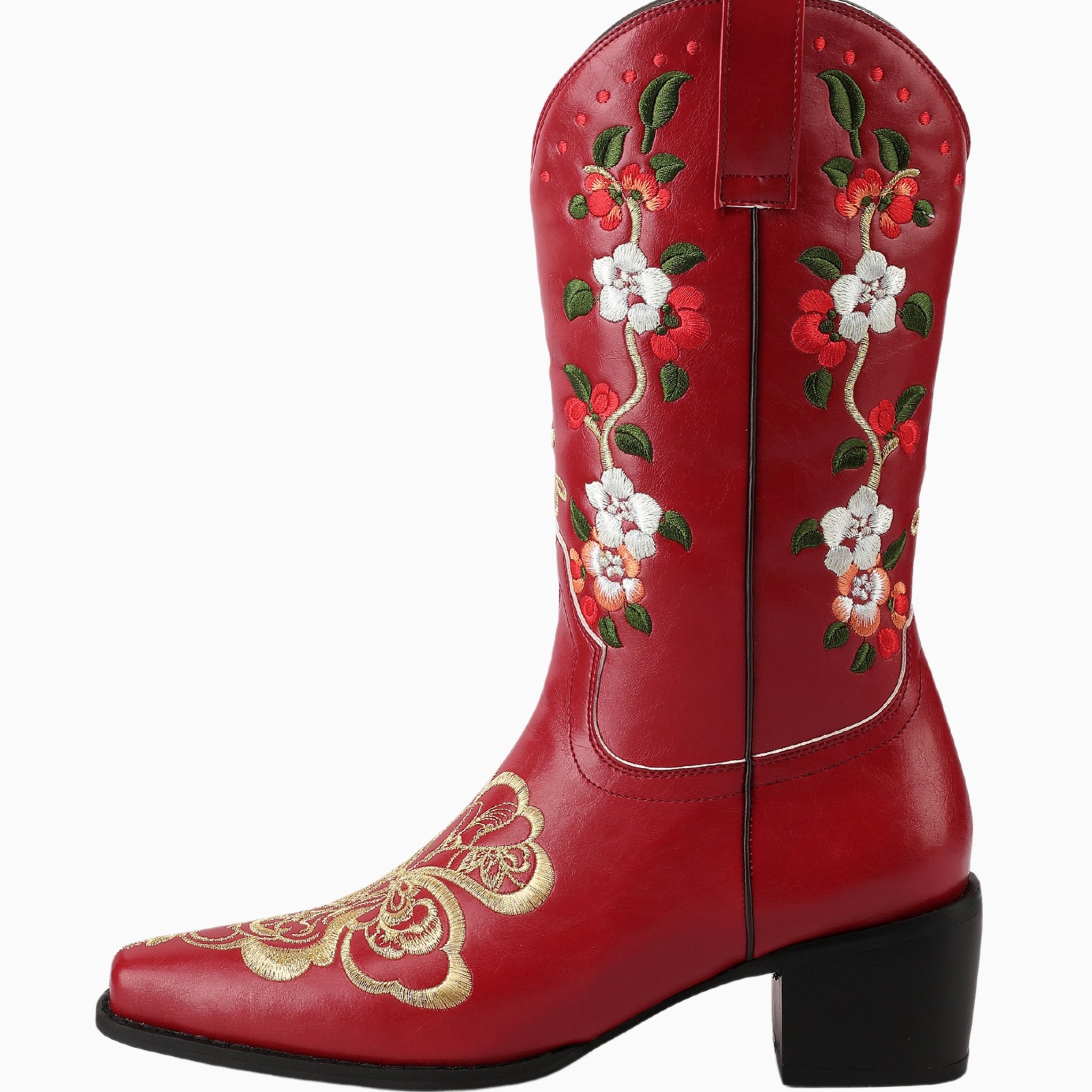 Colorful Floral Embroidered Red Cowgirl Boots Mid Calf