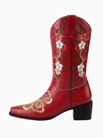 Colorful Floral Embroidered Red Cowgirl Boots Mid Calf