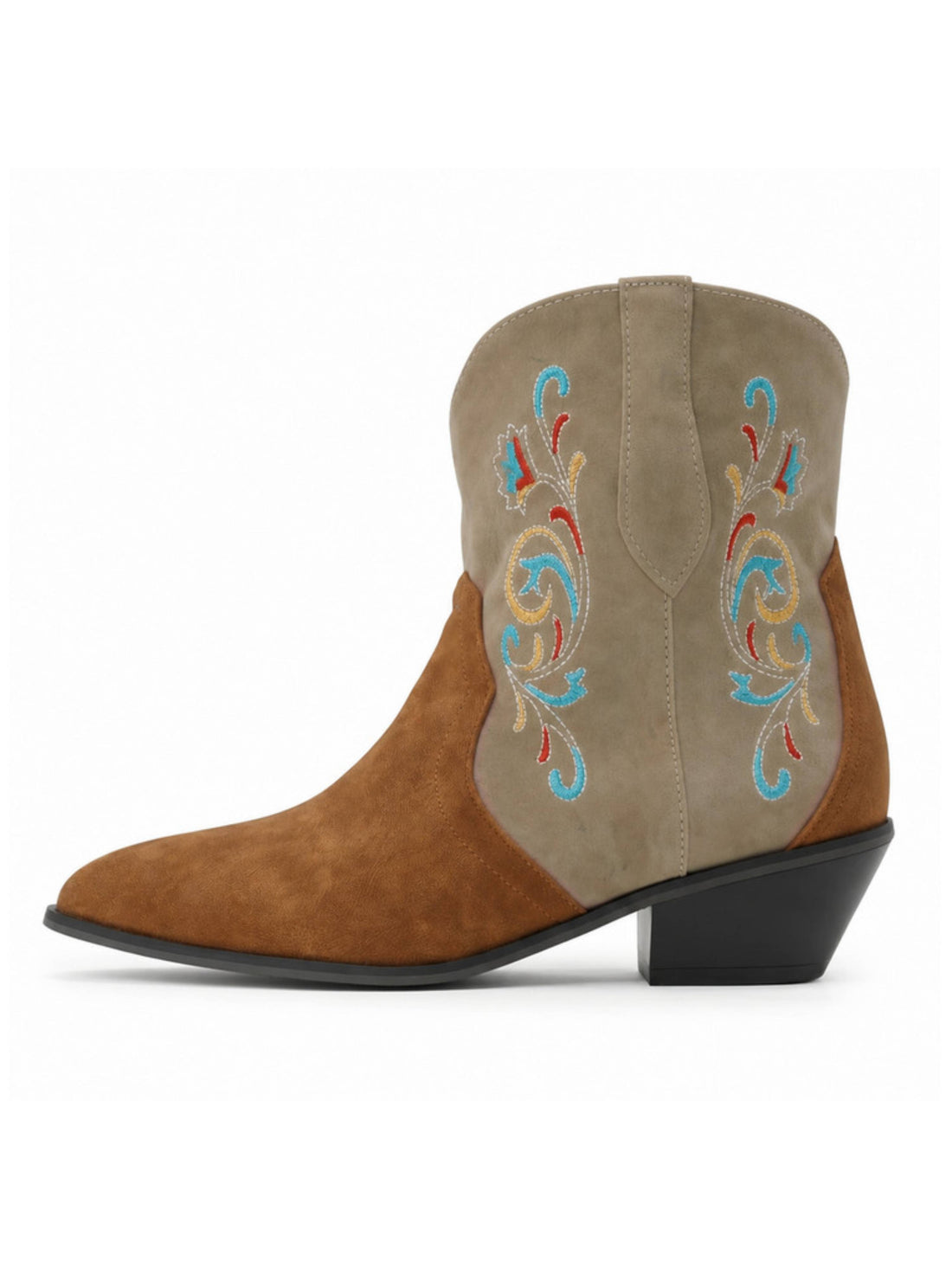Floral Embroidered Two-Tone Cognac Brown & Taupe Cowboy Ankle Boots