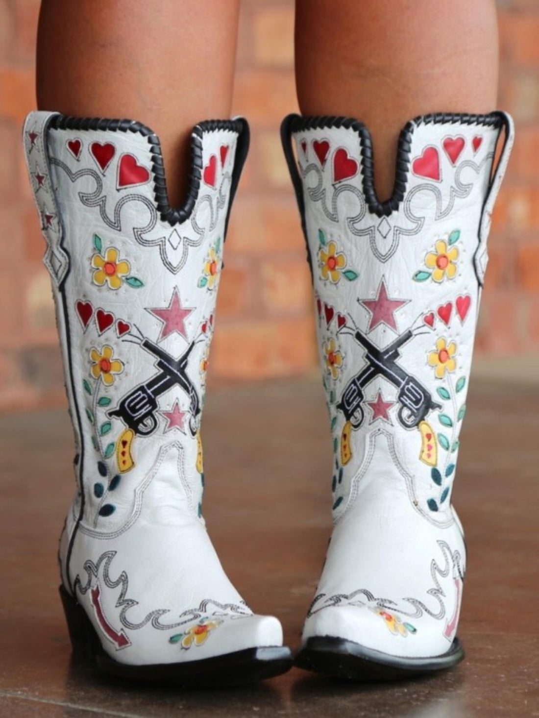 Floral & Gun Inlay Cut Out Snip Toe White Cowboy Boots