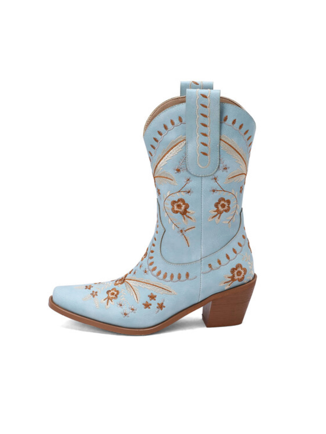 Flower Embroidered Light Blue Short Cowboy Boots for Women