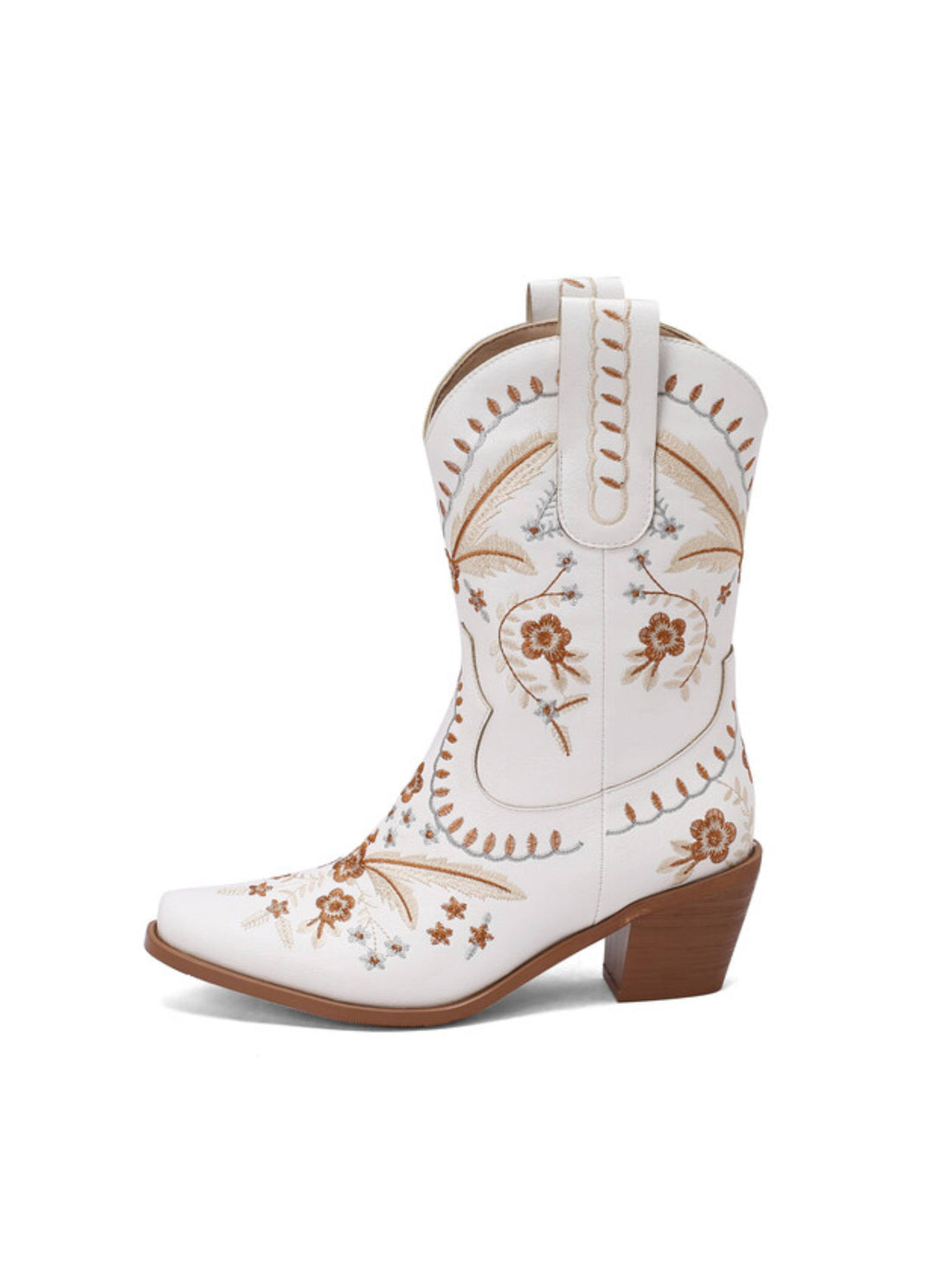 Flower Embroidery White Snip Toe Western Boots for Women