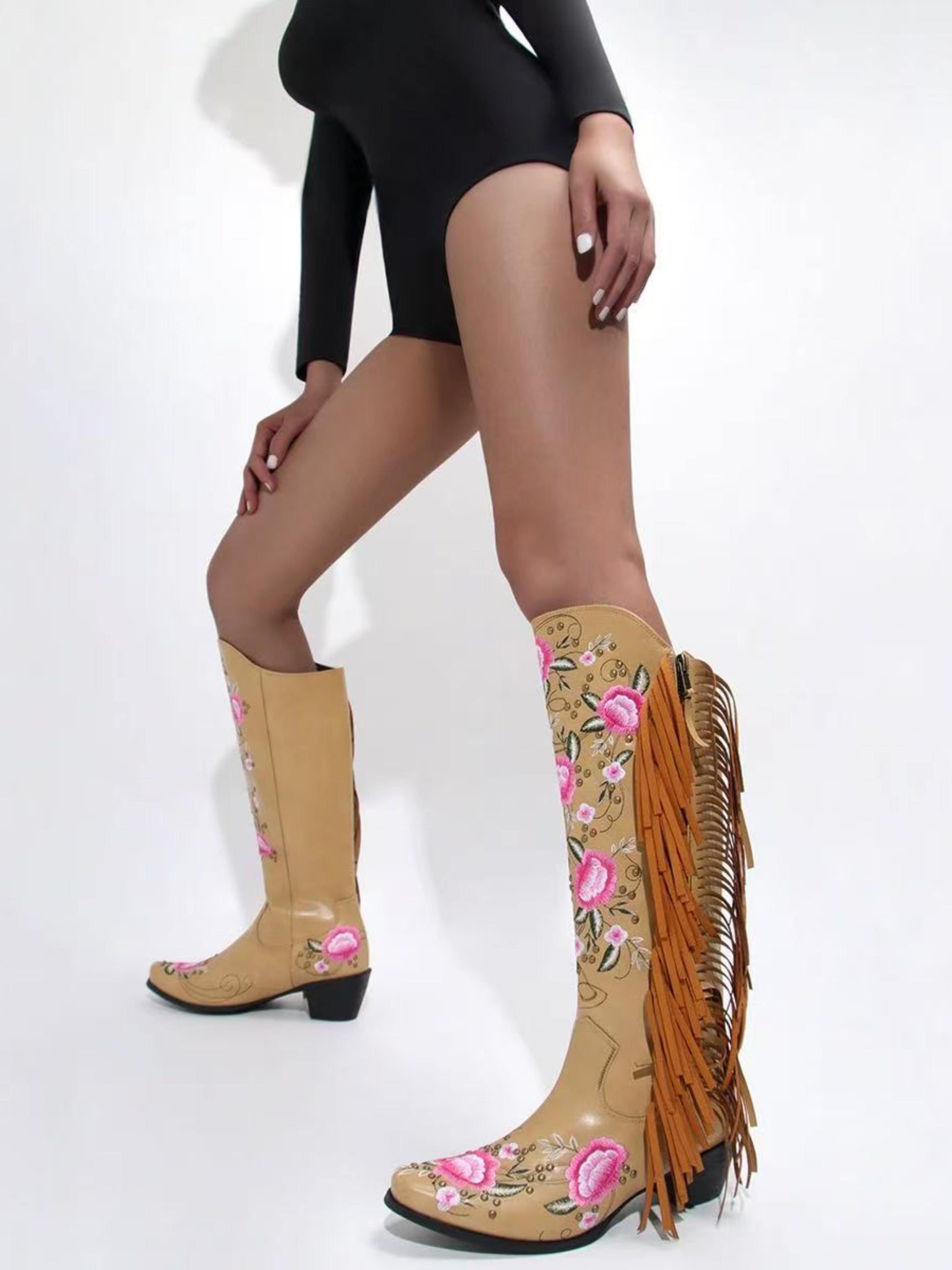 Flower Studded Knee-High Tan Western Boots with Ruffles – Wild Jolie