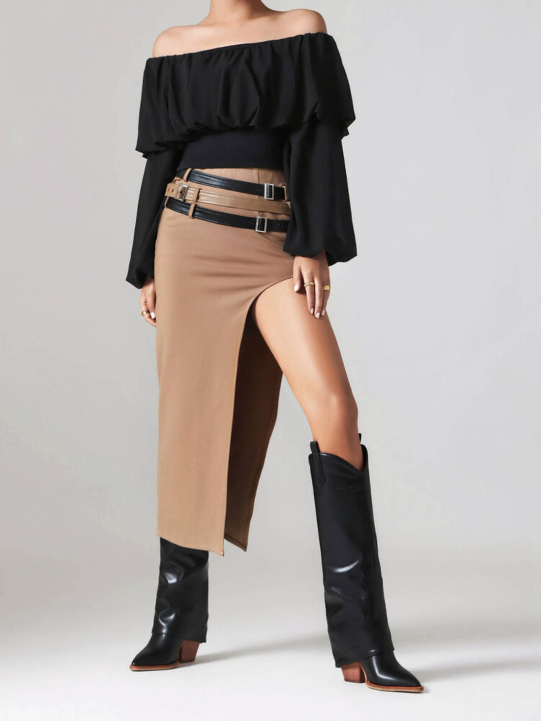 Fold Over Knee High Heel Black Western Boots for Women