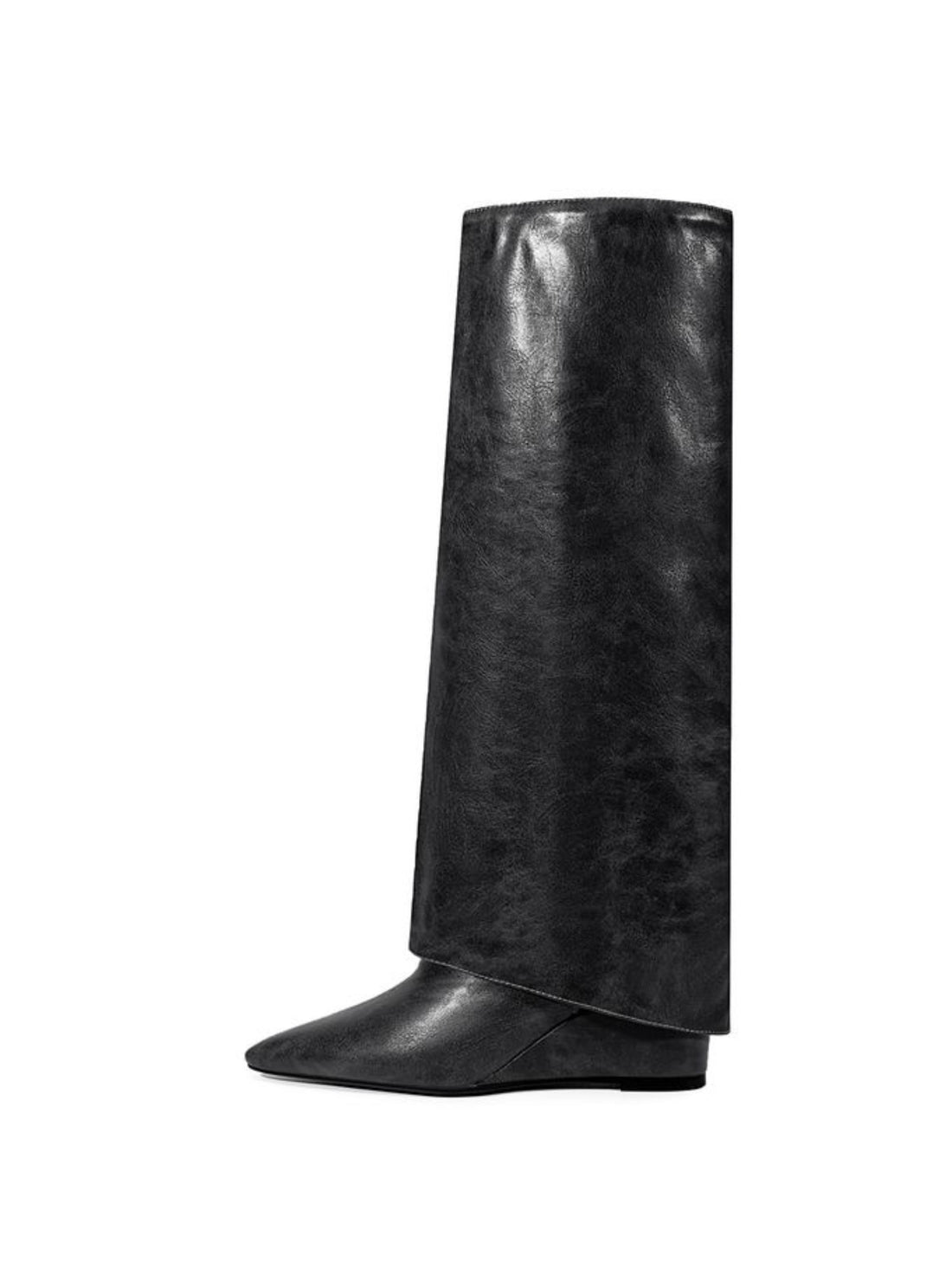 Fold Over Wedge Mid Calf Pointed Toe Boots for Women Black