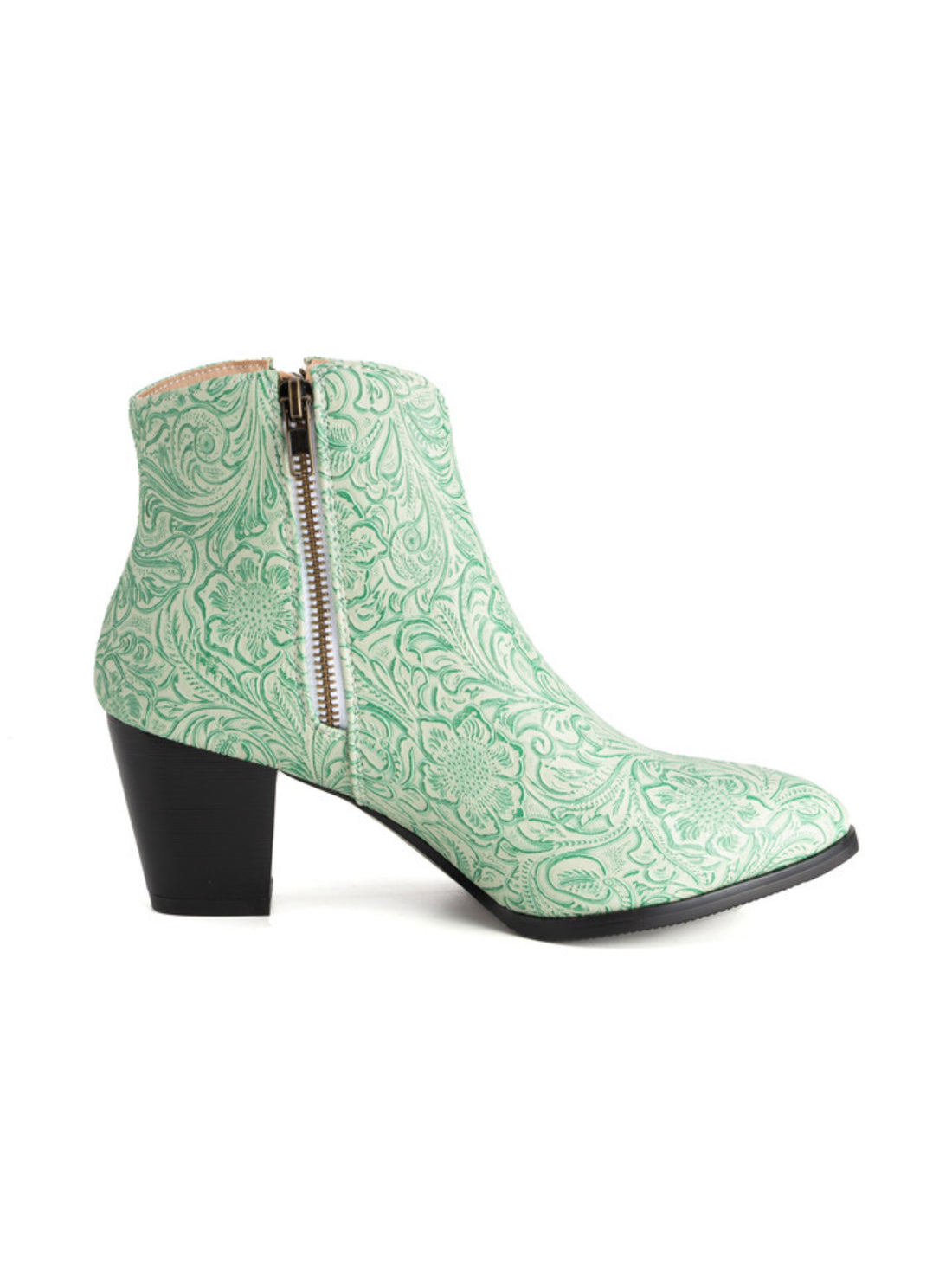 Fresh Light Green Floral Ankle Cowgirl Boots with Double Zipper