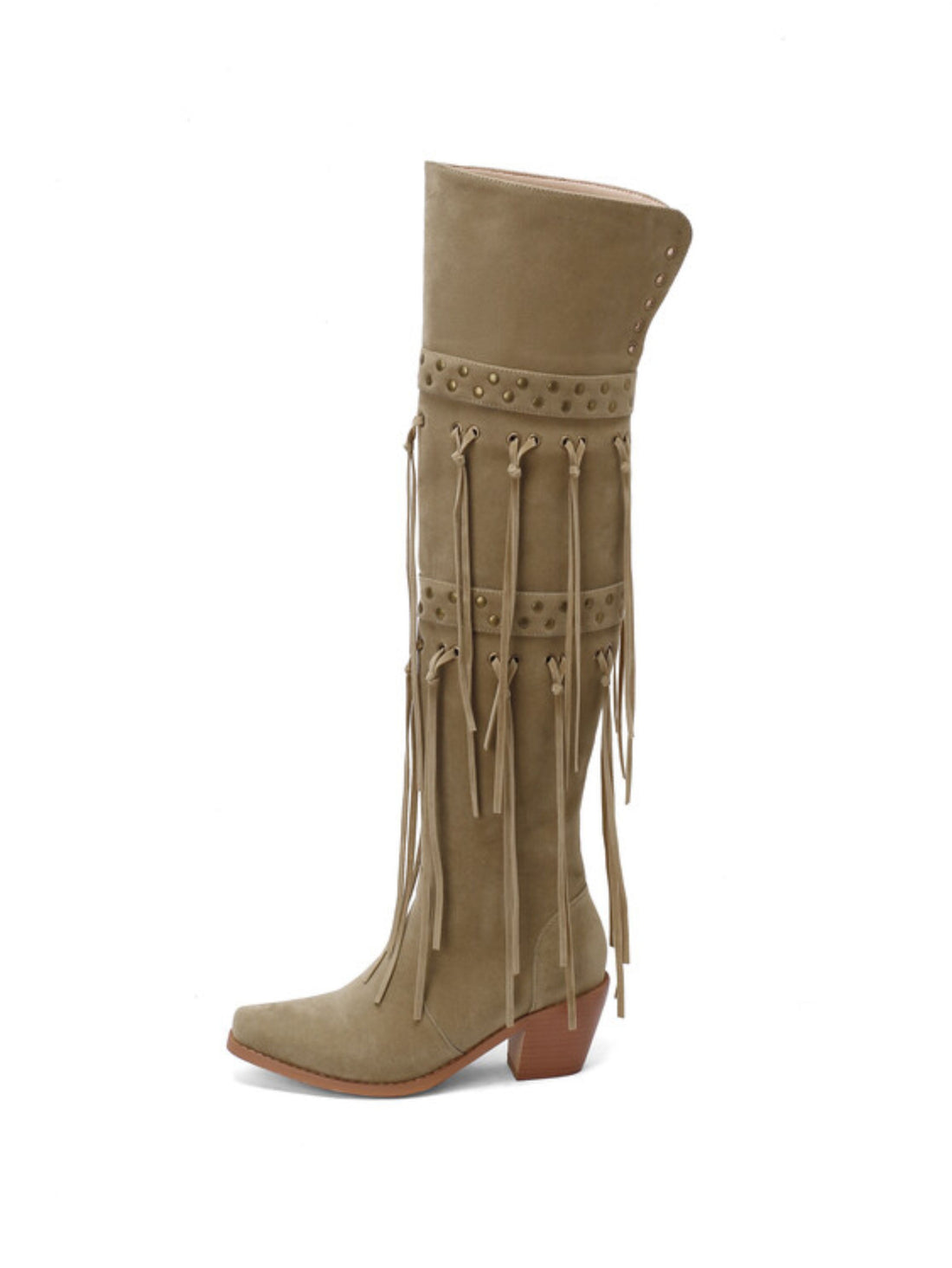Tan Boho Fringe & Studded Thigh High Women's Western Boots