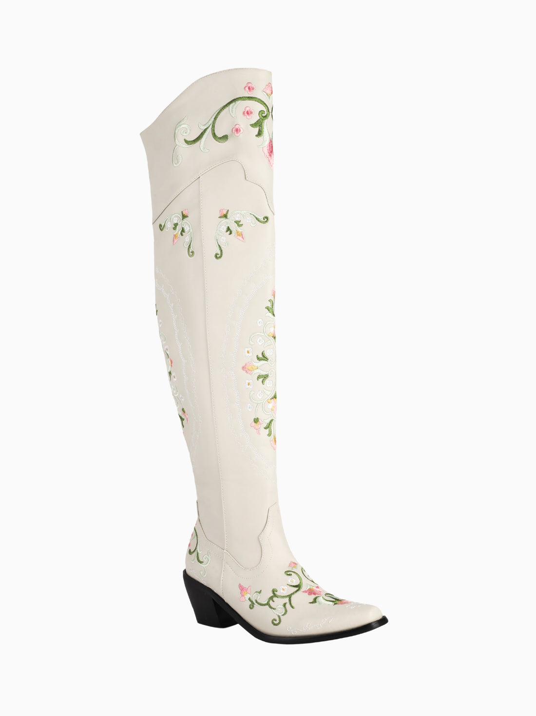 Garden Embroidered Beige Over-The-Knee Cowgirl Boots