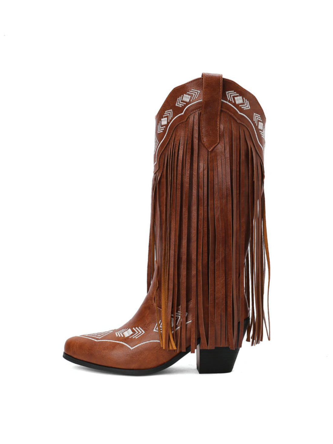 Geometric Embroidery Women's Knee-High Fringe Brown Cowgirl Boots