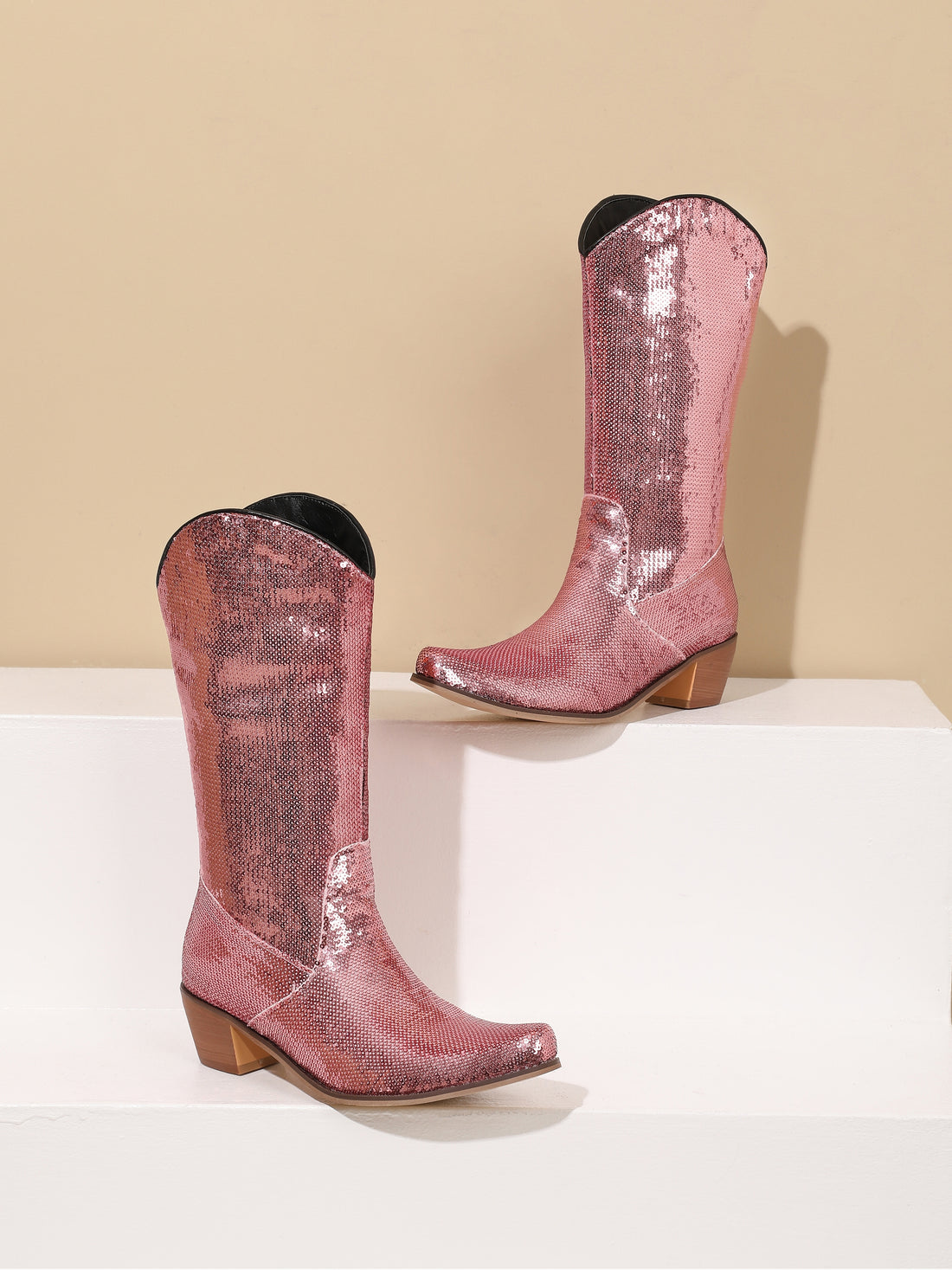 Pink Sequined Square-Toe Mid-Calf Glam Cowgirl Boots