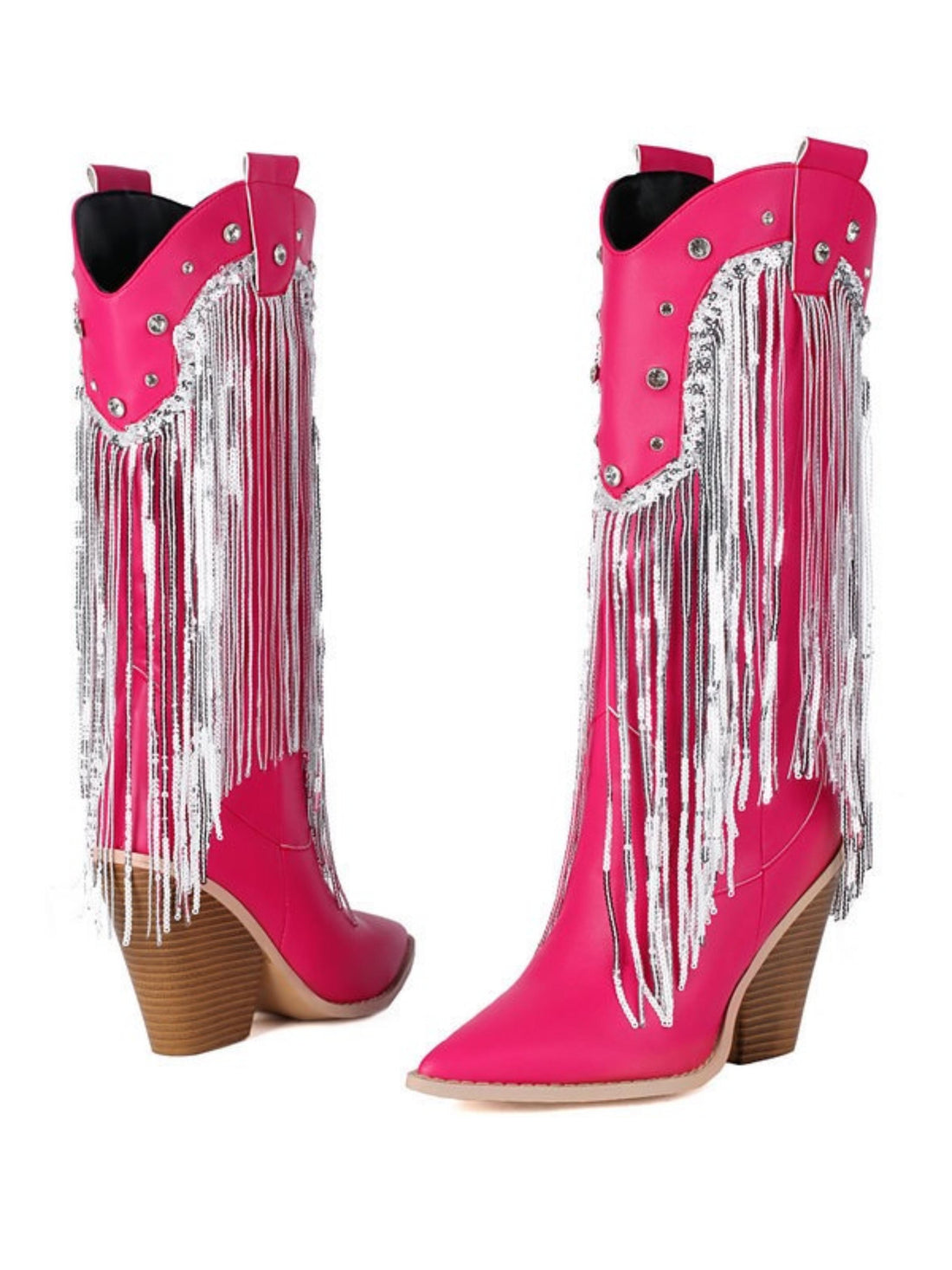 Glitter Fringe High Heel Hot Pink Cowgirl Boots Plus Size